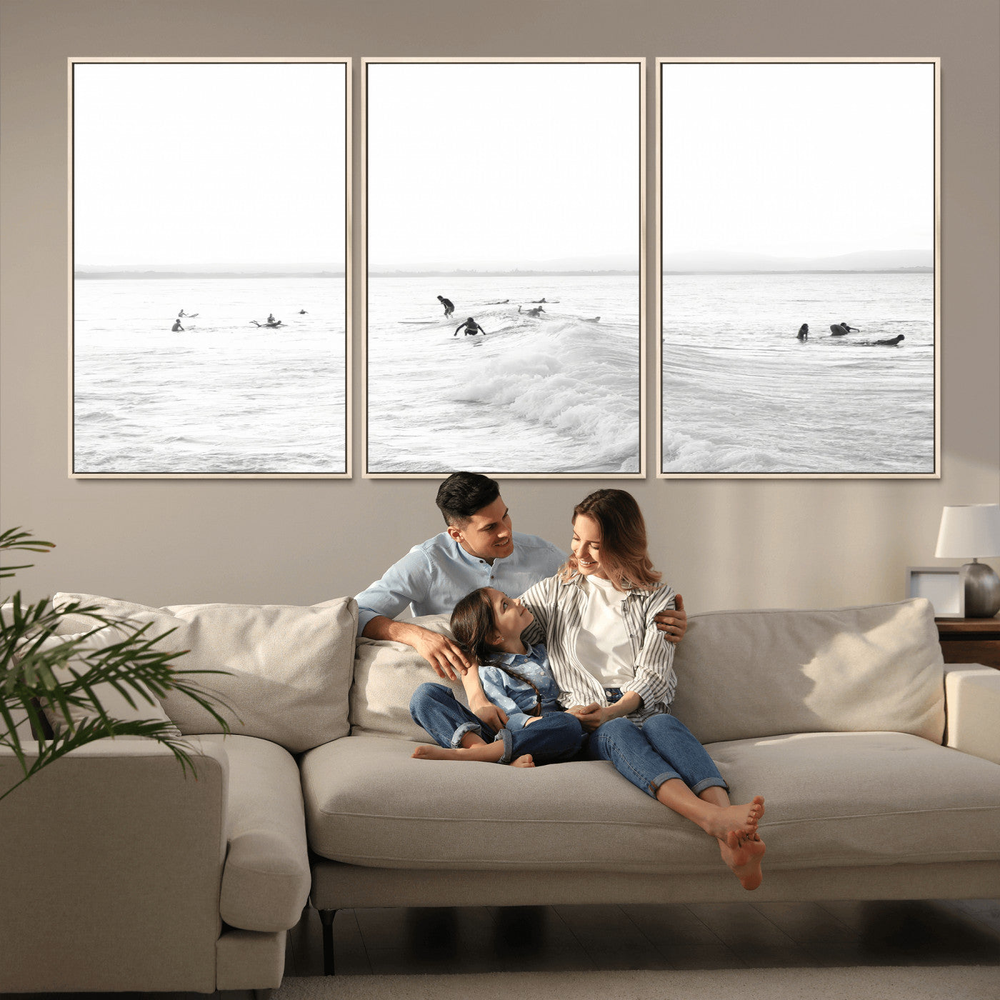 33449548-MGV-FC-60X30-3P_Natural-Group Surfers Wall Art Canvas Print, Framed Ocean Wave Art Picture Print, Surf Crowd Perfect Monochrome Surf Decor Artwork