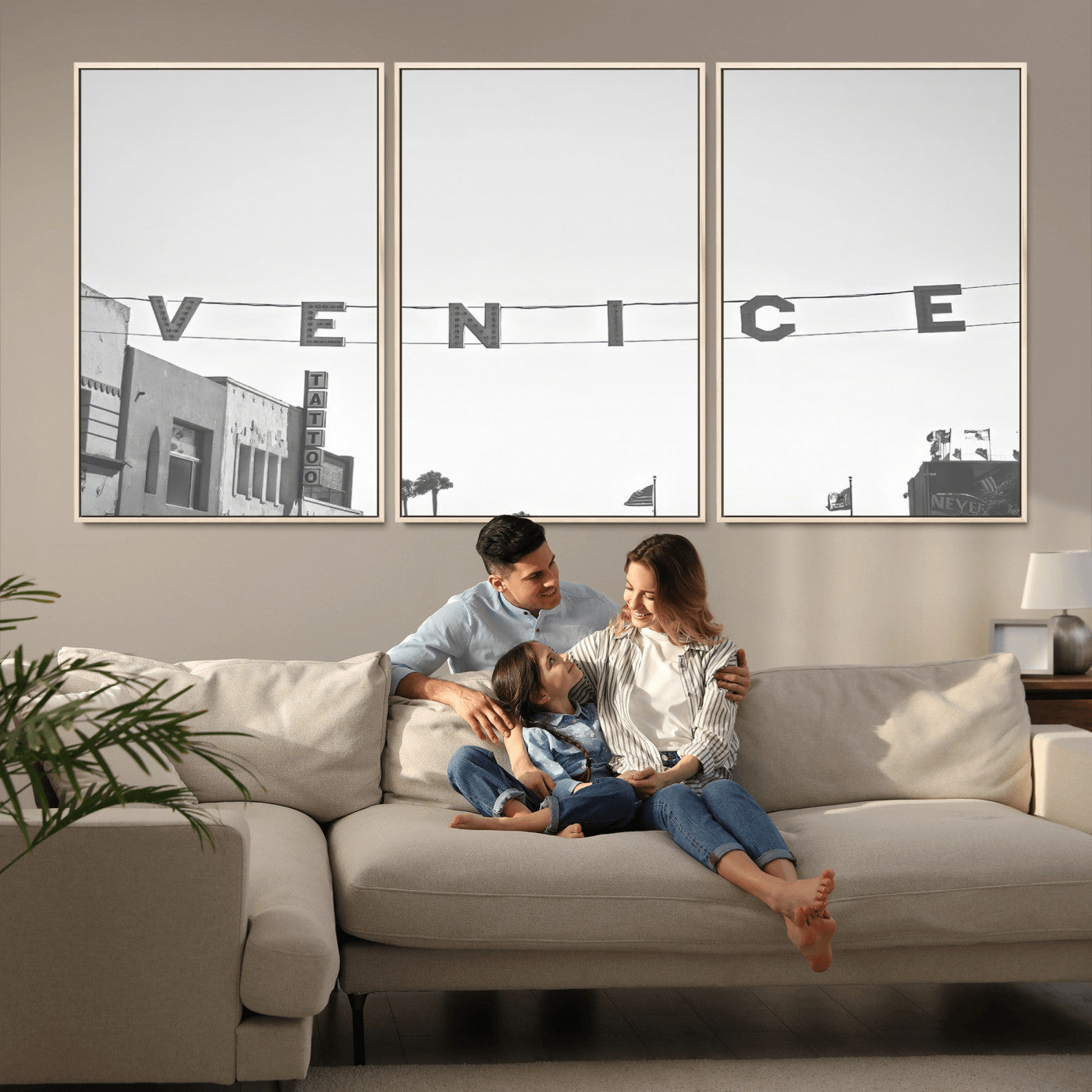 68254589-MGV-FC-60X30-3P_Natural-Venice Sign Wall Art Canvas Print, Framed Venice Letters Art Picture Print, Los Angeles Perfect Minimalist Urban Decor Artwork