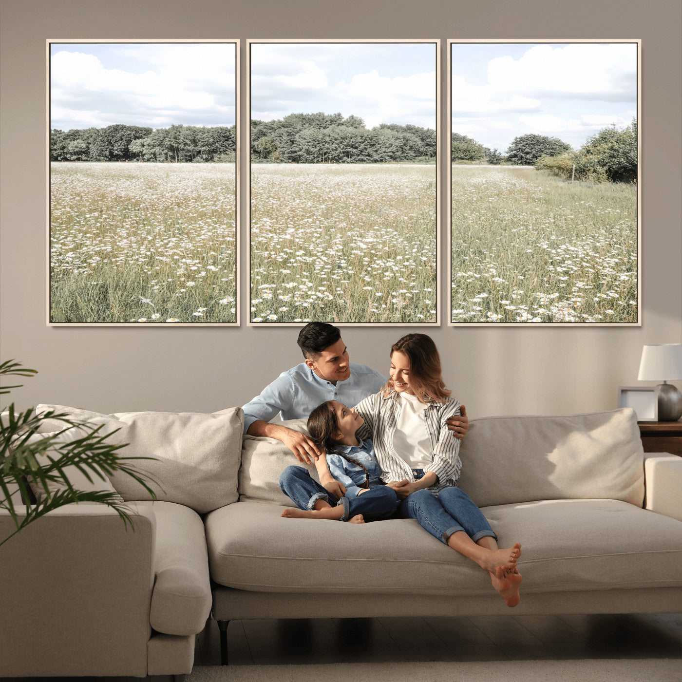 43258946-MGV-FC-60X30-3P_Natural-Daisy Field Wall Art Canvas Print, Framed Pastel Flower Art Picture Print, Meadow Bloom Perfect Scandinavian Minimalist Decor