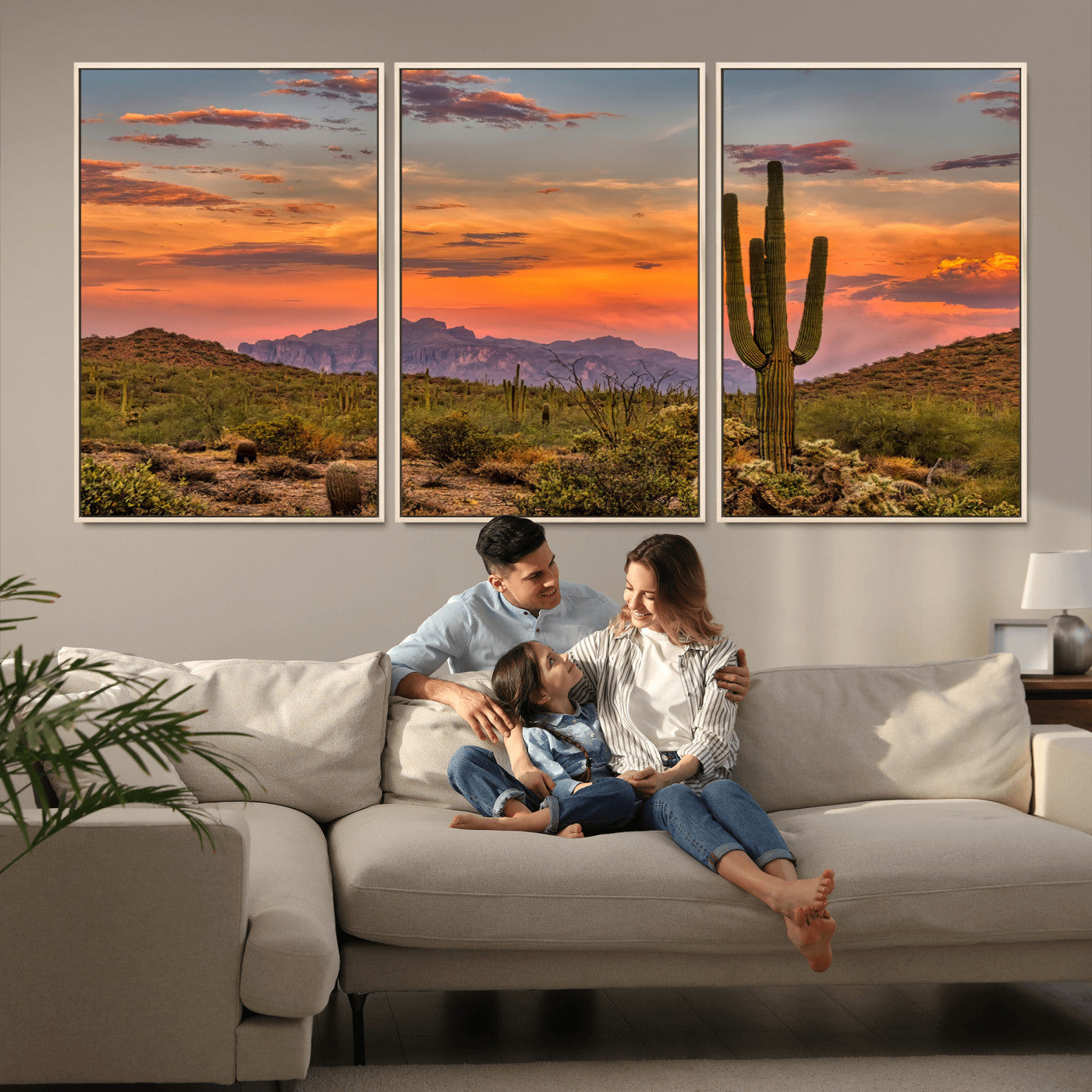 25332783-MGV-CV-36X24-Saguaro Cactus Wall Art Canvas Print, Framed Arizona Sunset Art Picture Print, Sonoran Desert Perfect Southwestern Boho Decor