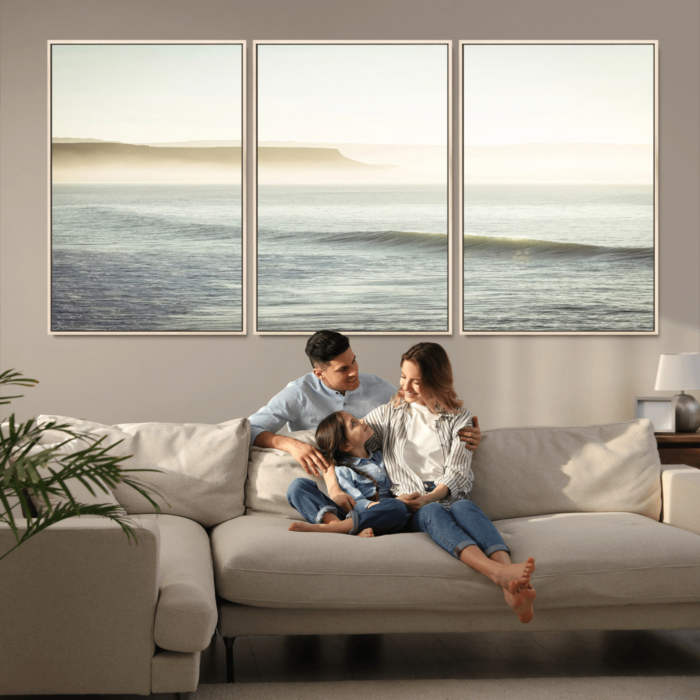 39310633-MGV-FC-60X30-3P_Natural-Coastal Cliffs Wall Art Canvas Print, Framed Misty Ocean Art Picture Print, Morning Light Perfect Minimalistic Coastal Decor