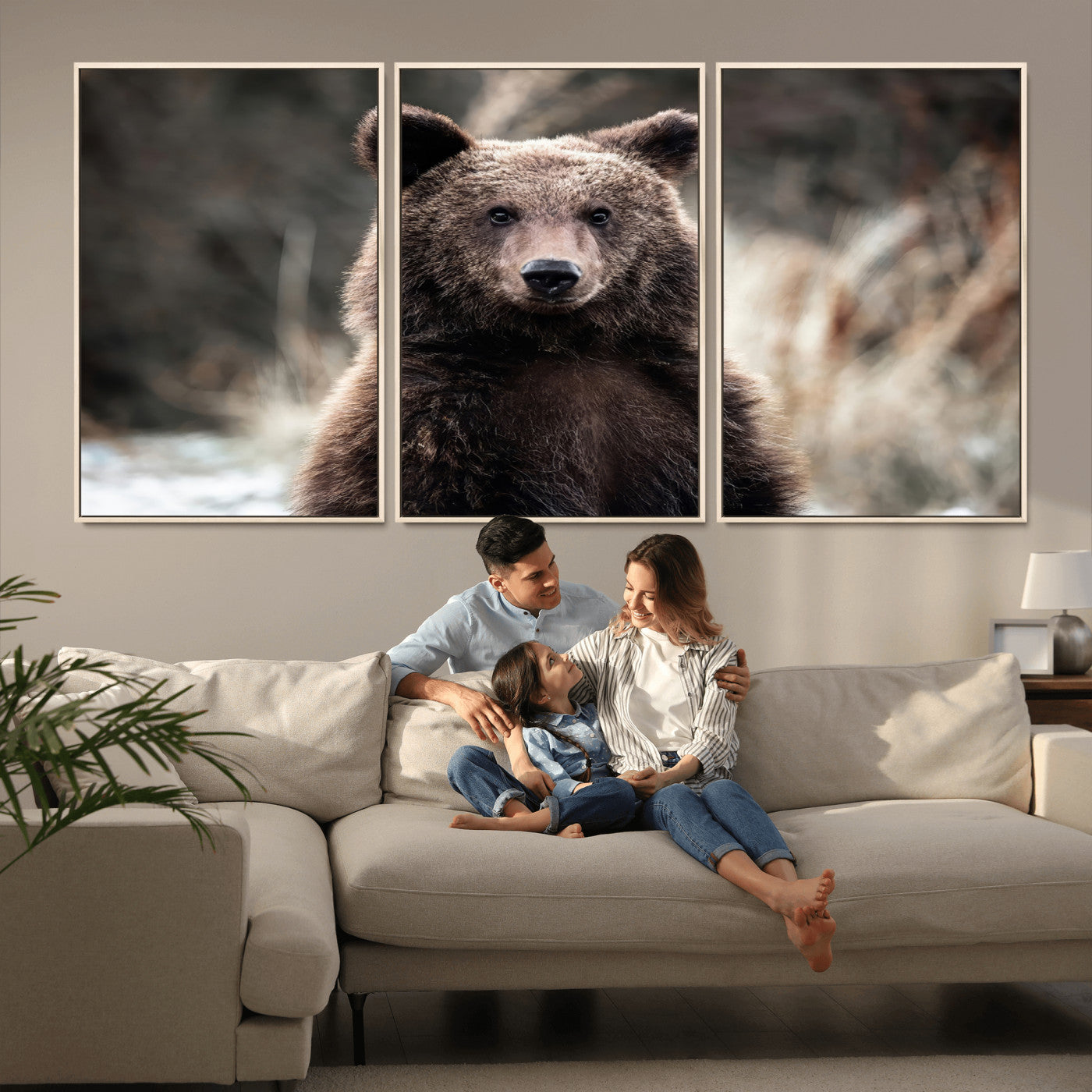 47112103-MGV-FC-60X30-3P_Natural-Brown Bear Wall Art Canvas Print, Framed Forest Wildlife Art Picture Print, Woodland Bear Perfect Rustic Cabin Decor Artwork