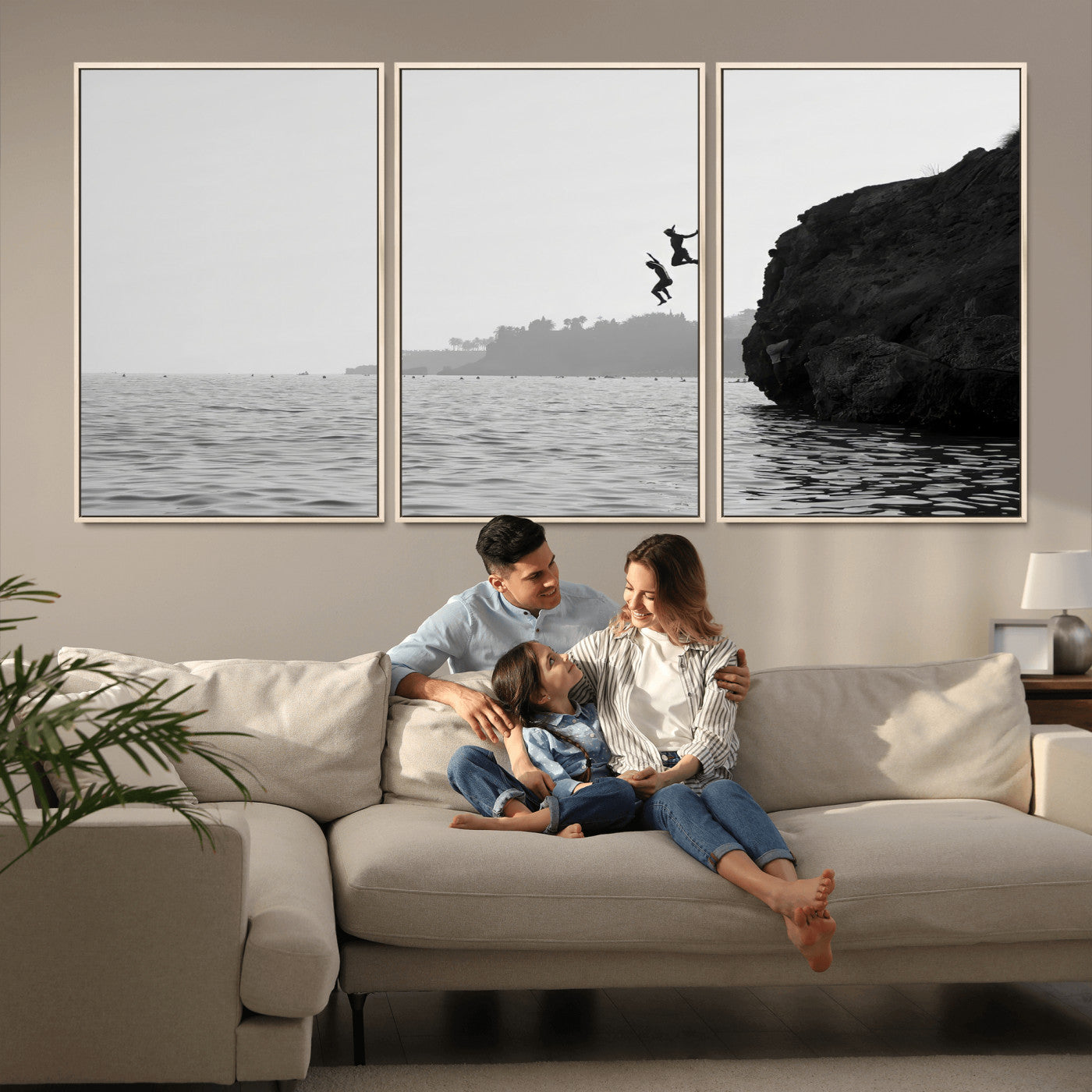 52284302-MGV-FC-60X30-3P_Natural-Cliff Jumping Wall Art Canvas Print, Framed Ocean Adventure Art Picture Print, Black White Coast Perfect Modern Coastal Decor