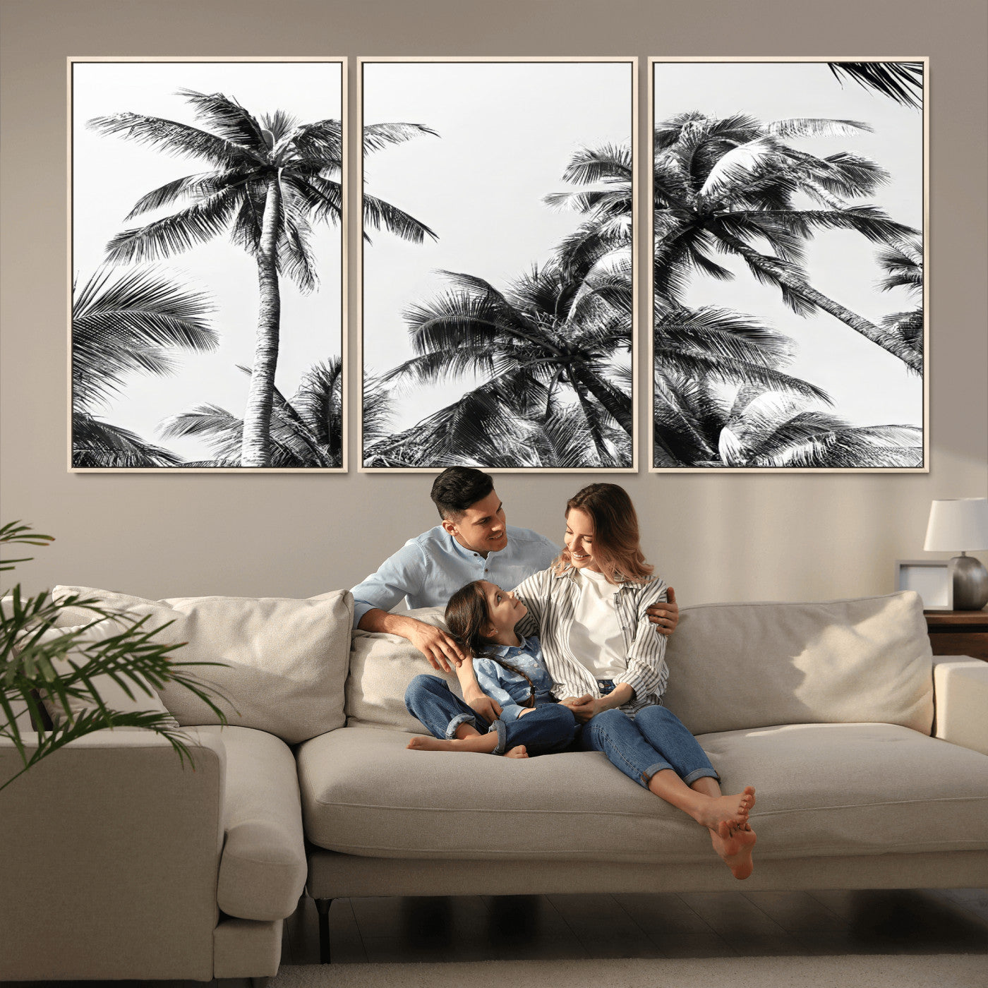 46641801-MGV-FC-60X30-3P_Natural-Palm Tree Wall Art Canvas Print, Framed Black White Tropics Art Picture Print, Monochrome Palms Perfect Modern Tropical Minimalist