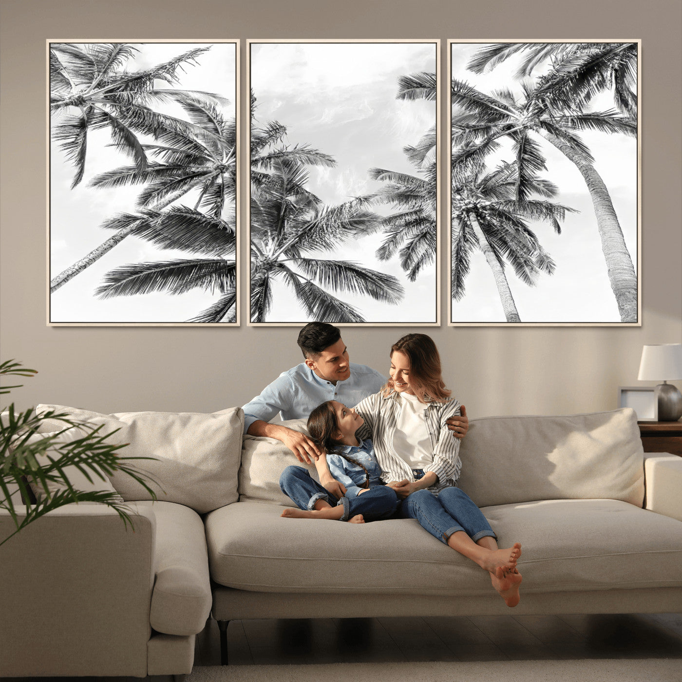 62113786-MGV-FC-60X30-3P_Natural-Black White Palm Wall Art Canvas Print, Framed Monochrome Tropics Art Picture Print, Minimalist Beach Perfect Coastal Minimalist