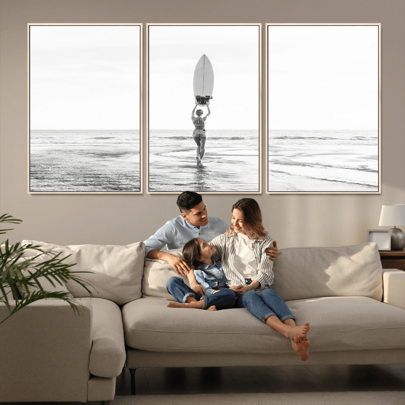 98446901-MGV-FC-60X30-3P_Natural-Monochrome Surf Wall Art Canvas Print, Framed Minimalist Surfer Art Picture Print, Surfboard Silhouette Perfect Coastal Minimalist