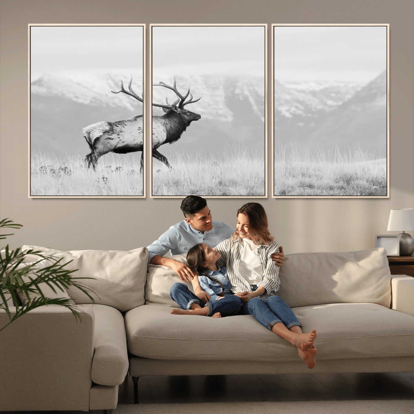 62278753-MGV-CV-36X24-Monochrome Elk Wall Art Canvas Print, Framed Mountain Wildlife Art Picture Print, Rustic Nature Perfect Rustic Minimalist Decor