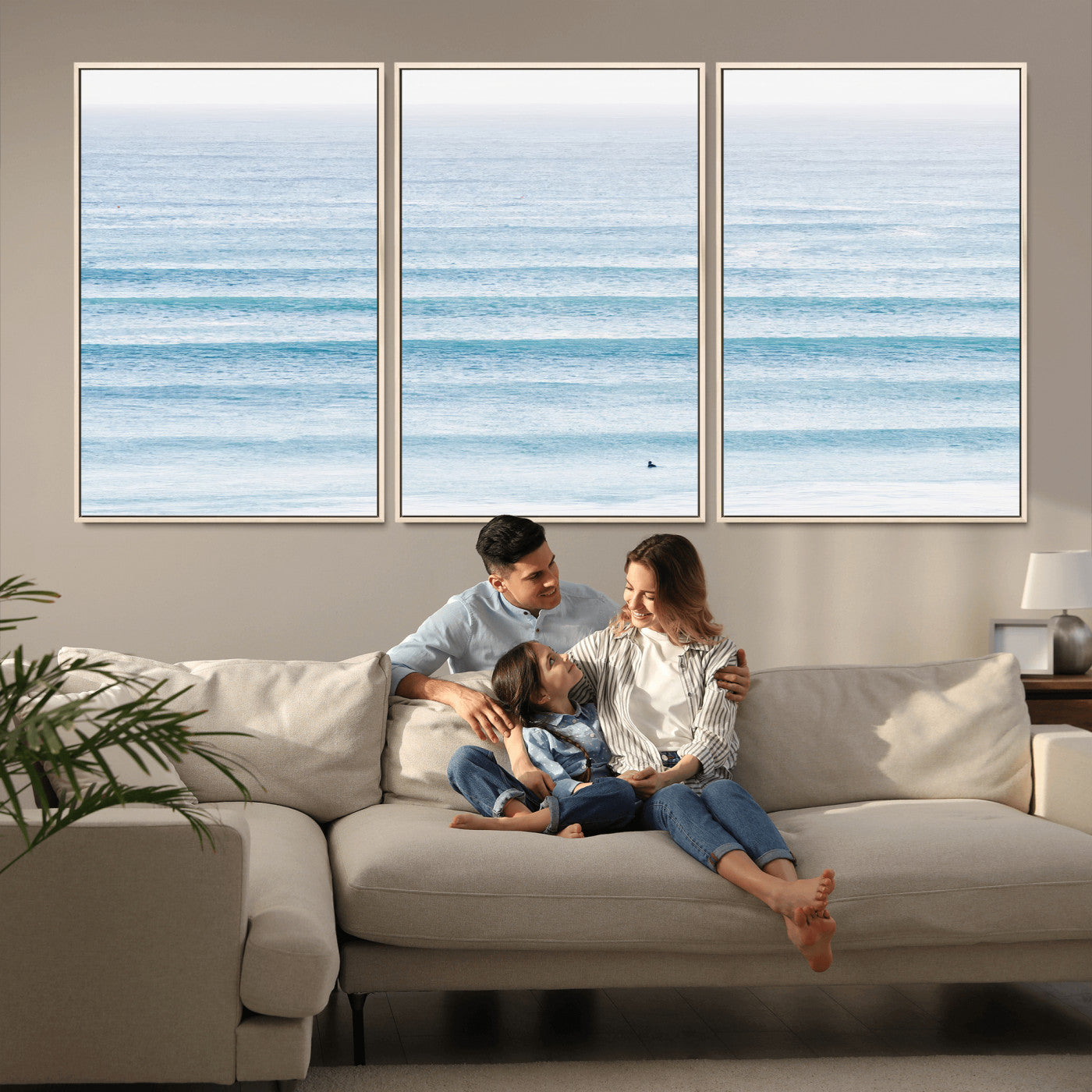 77145995-MGV-CV-36X24-Ocean Simplicity Wall Art Canvas Print, Framed Surfer on Water Art Picture Print, Light Blue Perfect Coastal Minimalist Decor