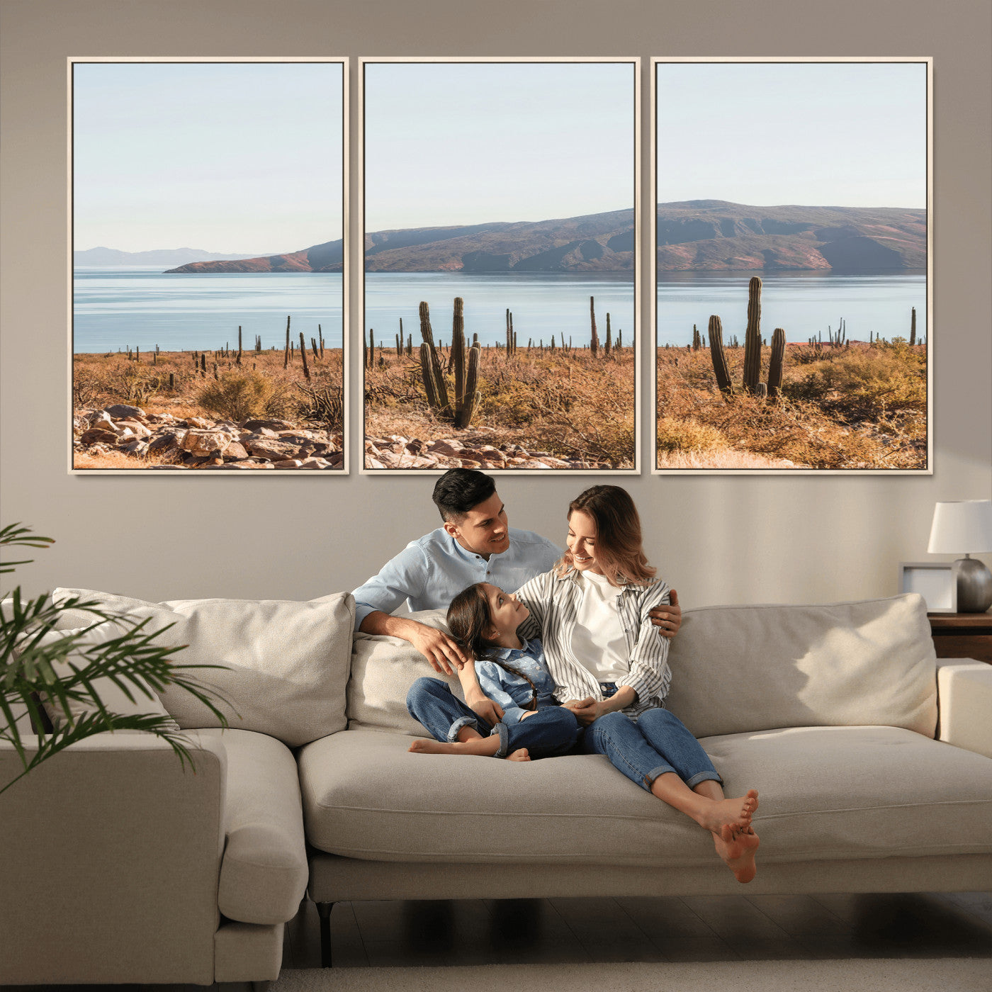 45193515-MGV-CV-36X24-Desert Cactus Wall Art Canvas Print, Framed Baja Coastline Art Picture Print, Coastal Desert Perfect Southwestern Minimalist Decor