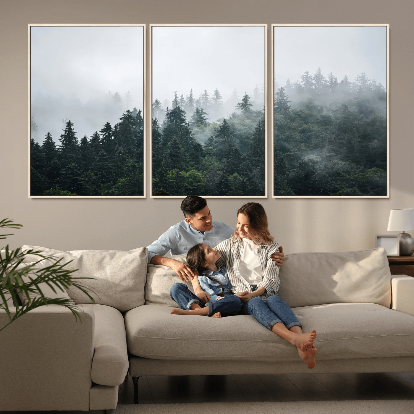 84146572-MGV-FC-60X30-3P_Natural-Foggy Pine Trees Wall Art Canvas Print, Framed Forest Nature Art Picture Print, Evergreen Forest Perfect Scandinavian Minimalist