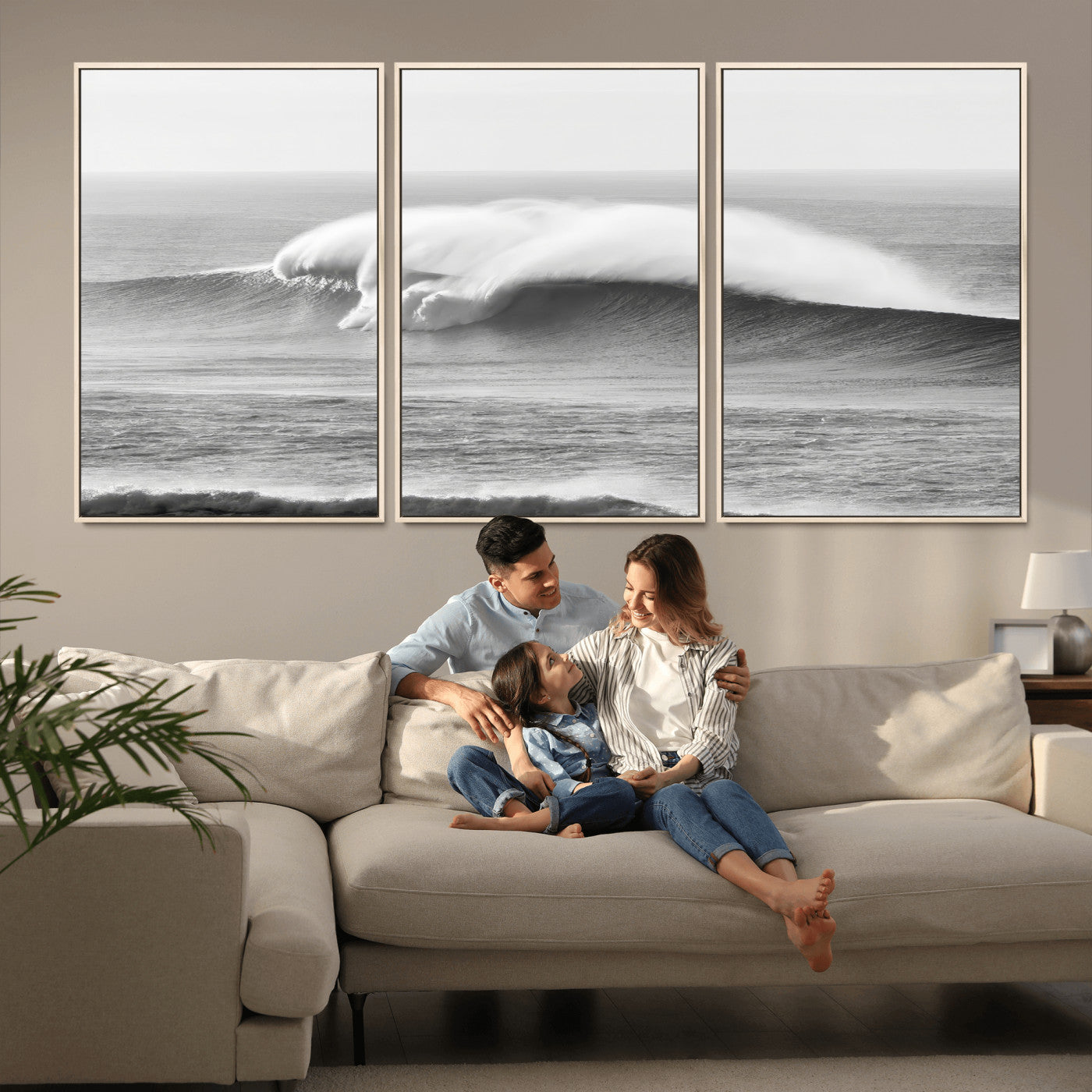 42544082-MGV-FC-60X30-3P_Natural-Monochrome Seascape Wall Art Canvas Print, Framed Surf Wave Art Picture Print, Minimalist Ocean Perfect Moody Coastal Decor