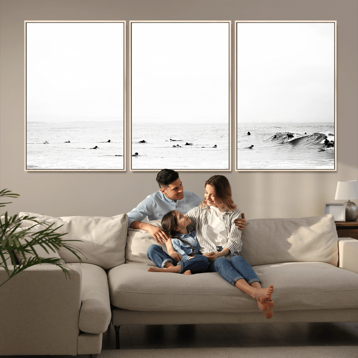 38441169-MGV-FC-60X30-3P_Natural-Monochrome Swimming Wall Art Canvas Print, Framed Ocean Horizon Art Picture Print, Moody Coastal Perfect Minimalist Coastal Decor