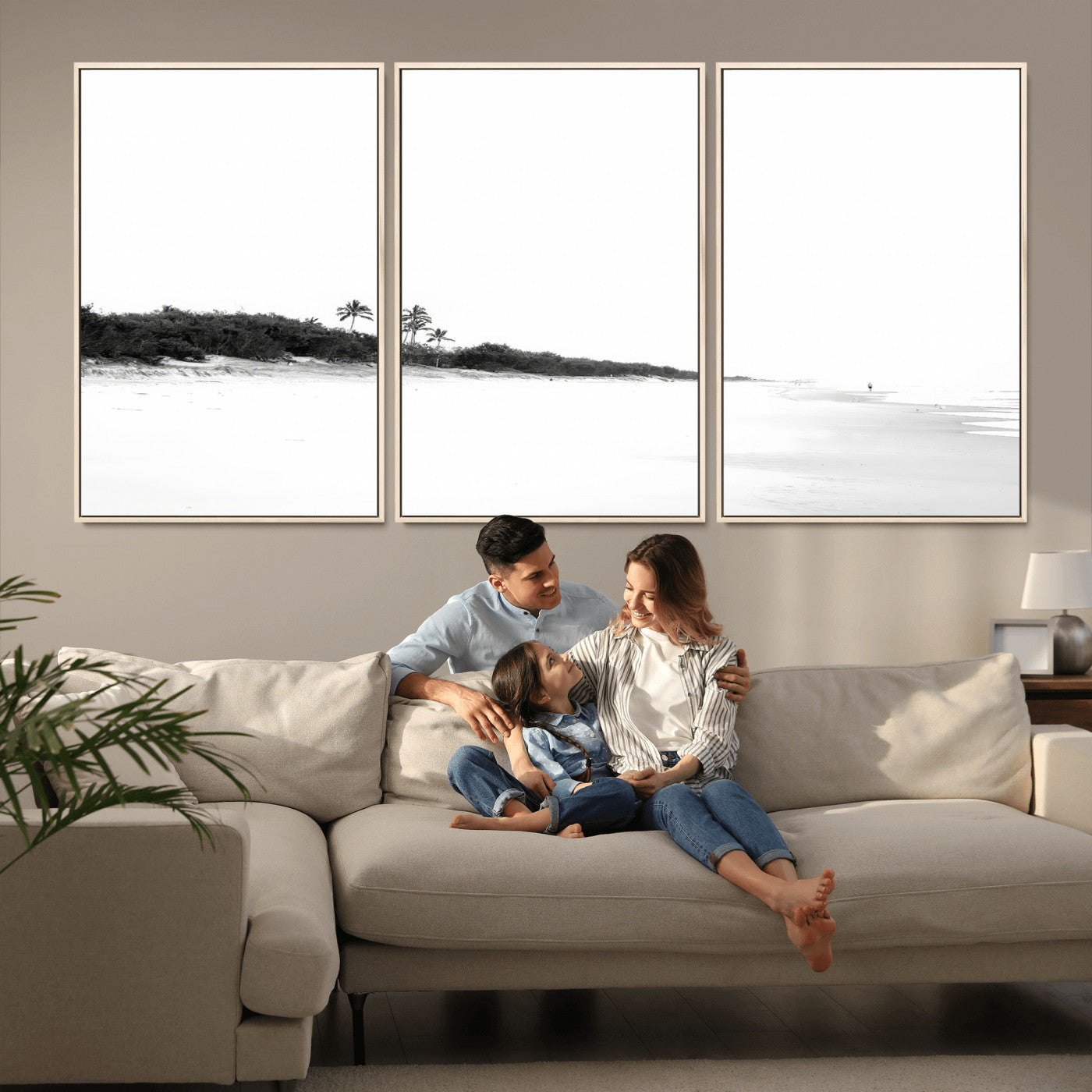 29611516-MGV-FC-60X30-3P_Natural-Black White Beach Wall Art Canvas Print, Framed Palm Trees Art Picture Print, Monochrome Tropical Perfect Minimalist Coastal Decor