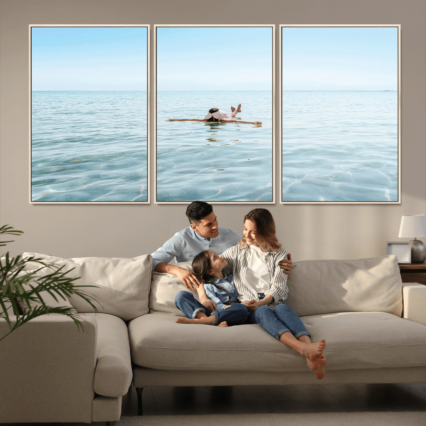 32624554-MGV-FC-60X30-3P_Natural-Swimming Relaxation Wall Art Canvas Print, Framed Peaceful Water Art Picture Print, Clear Sea Perfect Minimalist Aquatic Decor