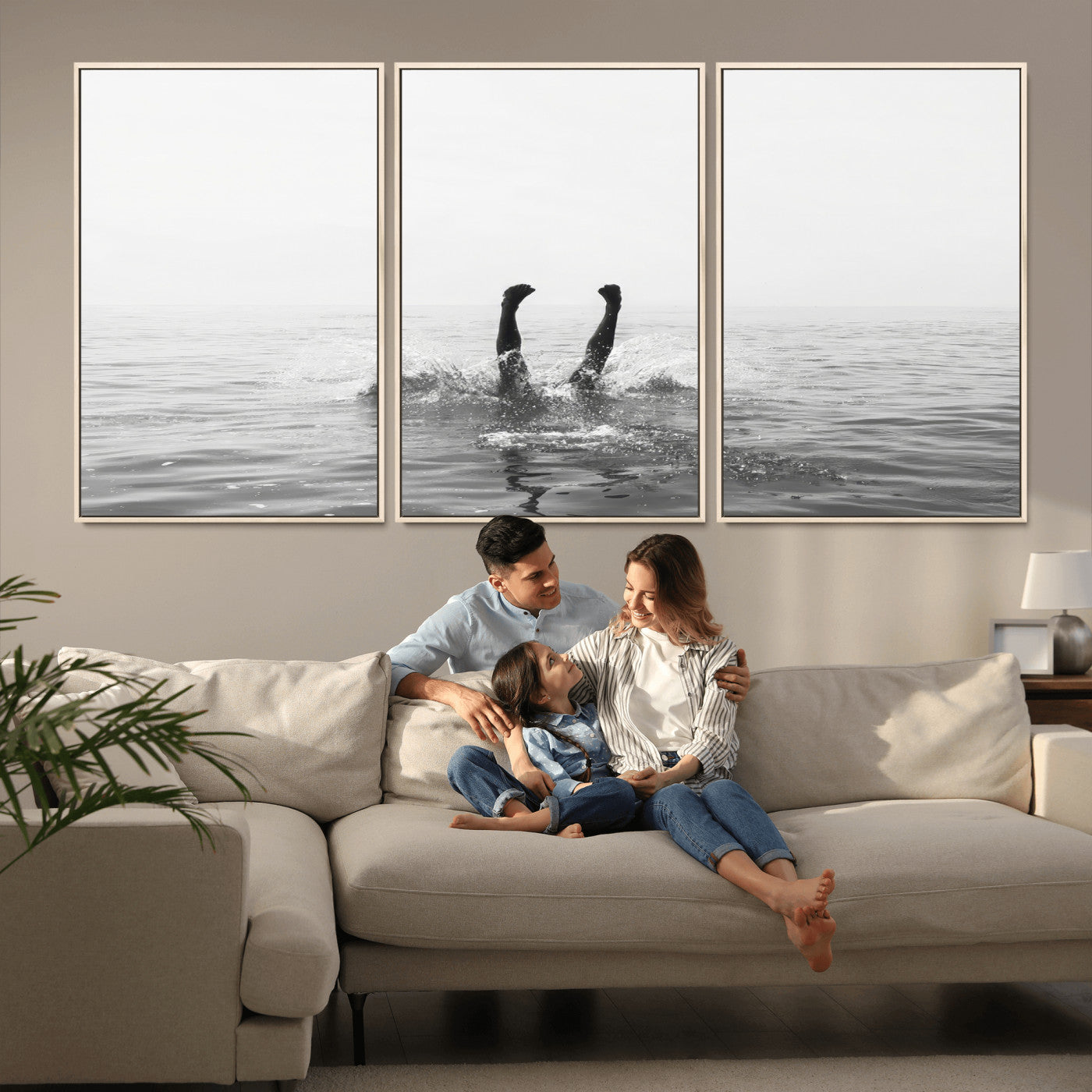 26667396-MGV-CV-36X24-Black White Ocean Wall Art Canvas Print, Framed Monochrome Water Art Picture Print, Diving into Water Perfect Minimalist Aquatic