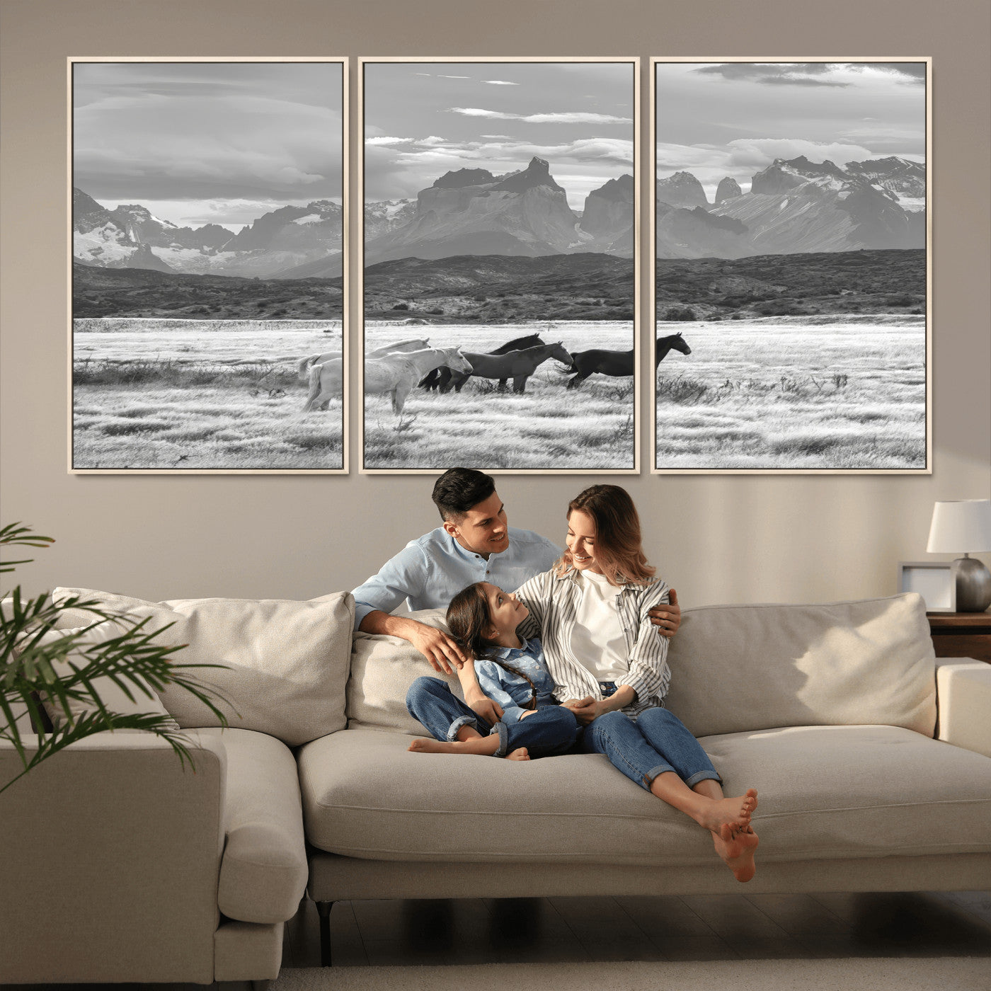 21655040-MGV-CV-36X24-Wild Horses Wall Art Canvas Print, Framed Black White Mountains Art Picture Print, Rustic Countryside Perfect Rustic Western Decor