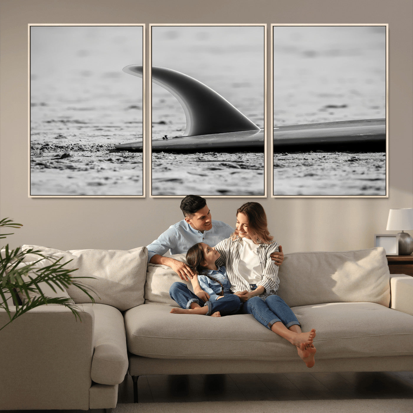 62314230-MGV-CV-36X24-Black White Surfboard Wall Art Canvas Print, Framed Minimalist Beach Art Picture Print, Surf Fin Perfect Minimalist Coastal Decor