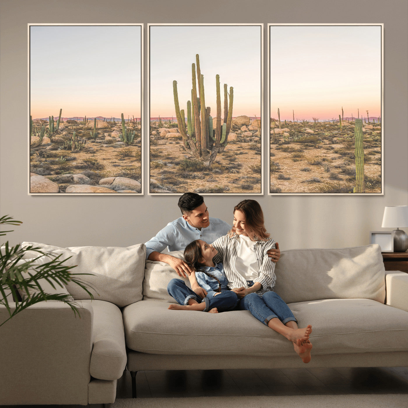 76234974-MGV-FC-60X30-3P_Natural-Desert Cactus Wall Art Canvas Print, Framed Baja Desert Art Picture Print, Pastel Desert Perfect Southwestern Boho Decor Artwork