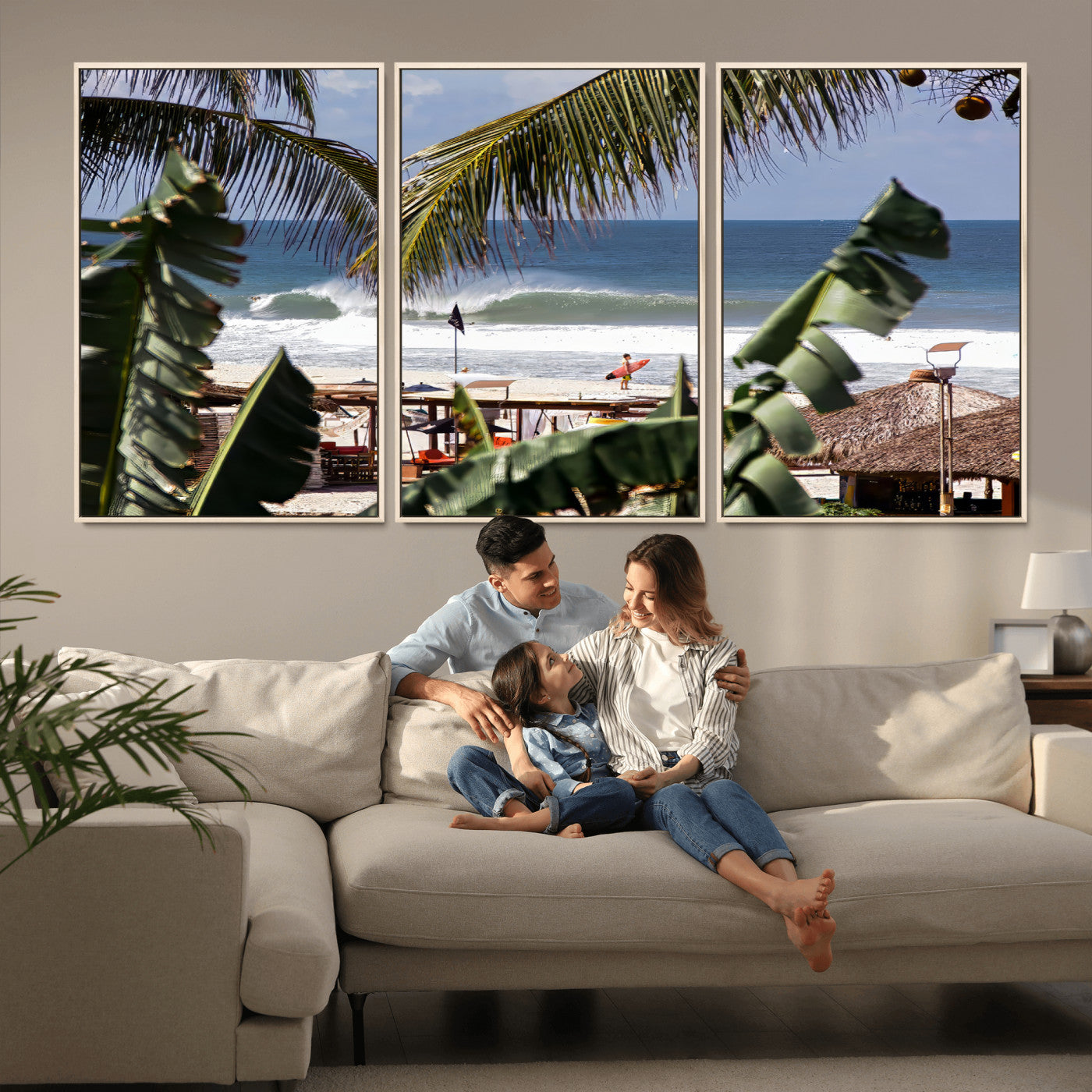 34722557-MGV-FC-60X30-3P_Natural-Tropical Shoreline Wall Art Canvas Print, Framed Surfer Beach Art Picture Print, Coastal Surf Perfect Tropical Coastal Decor