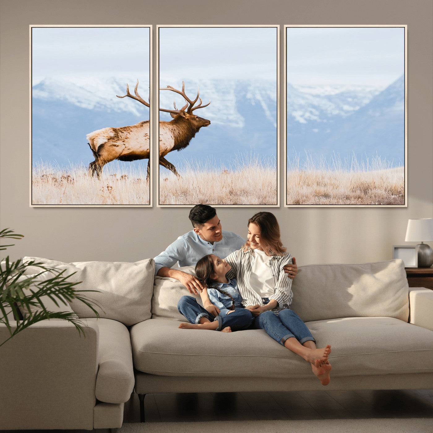 96024025-MGV-FC-60X30-3P_Natural-Elk Photography Wall Art Canvas Print, Framed Mountain Wildlife Art Picture Print, Rustic Lodge Decor Perfect Rustic Lodge Decor