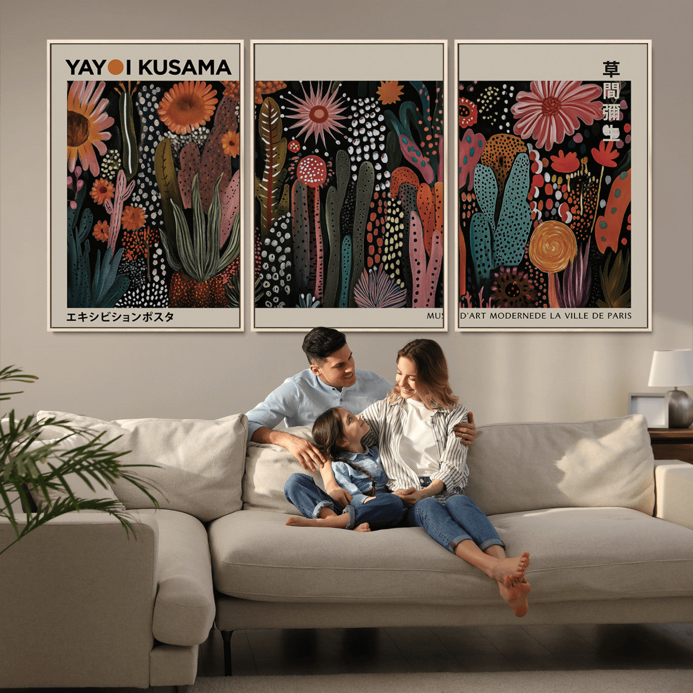 28344895-MGV-CV-36X24-Dark Floral Abstract Wall Art Poster – Modern Botanical Canvas Print with Beige Border, Kusama Inspired Boho Flower Painting,