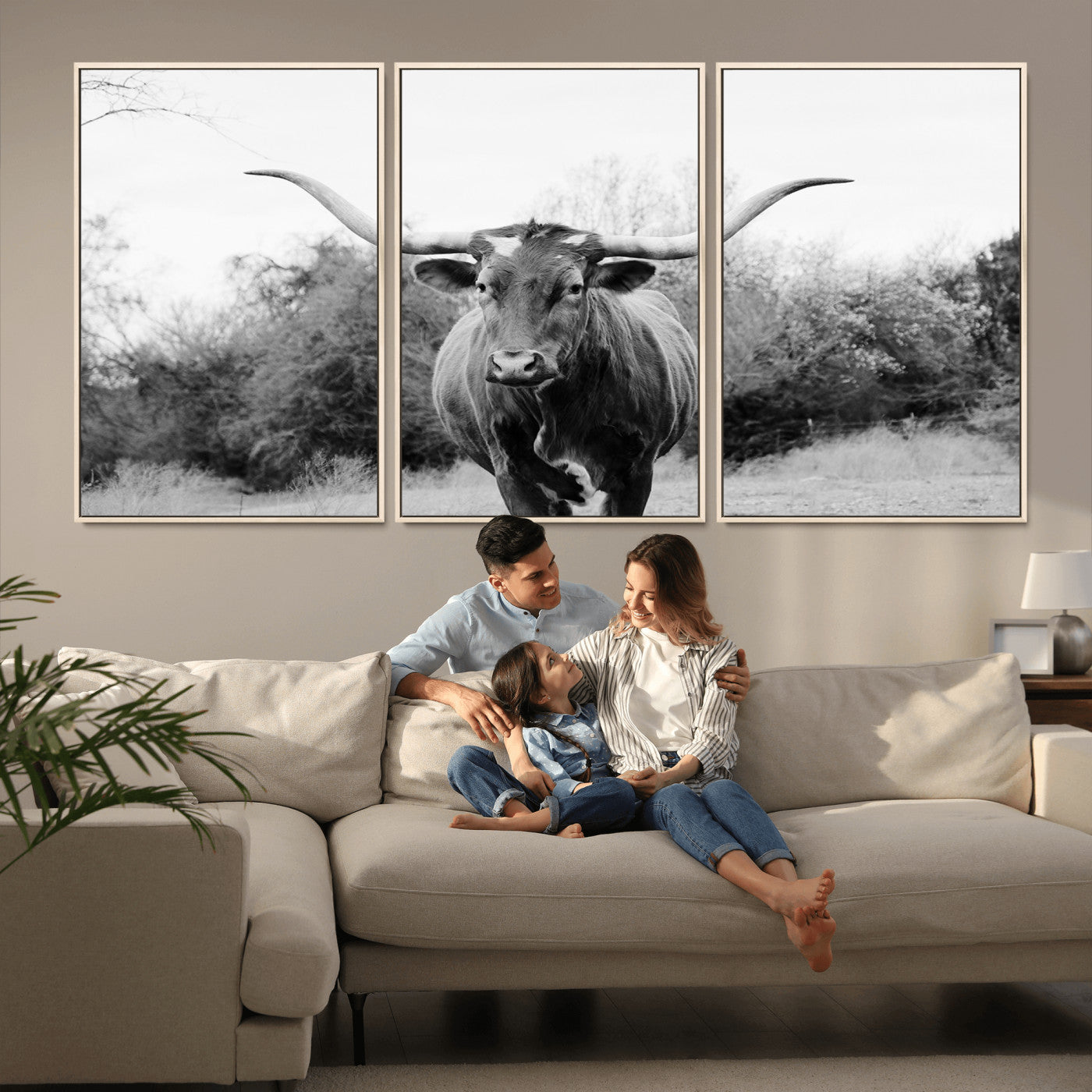97280319-MGV-FC-60X30-3P_Natural-Longhorn Photography Wall Art Canvas Print, Framed Western Cow Decor Art Picture Print, Texas Ranch Style Perfect Rustic Farmhouse