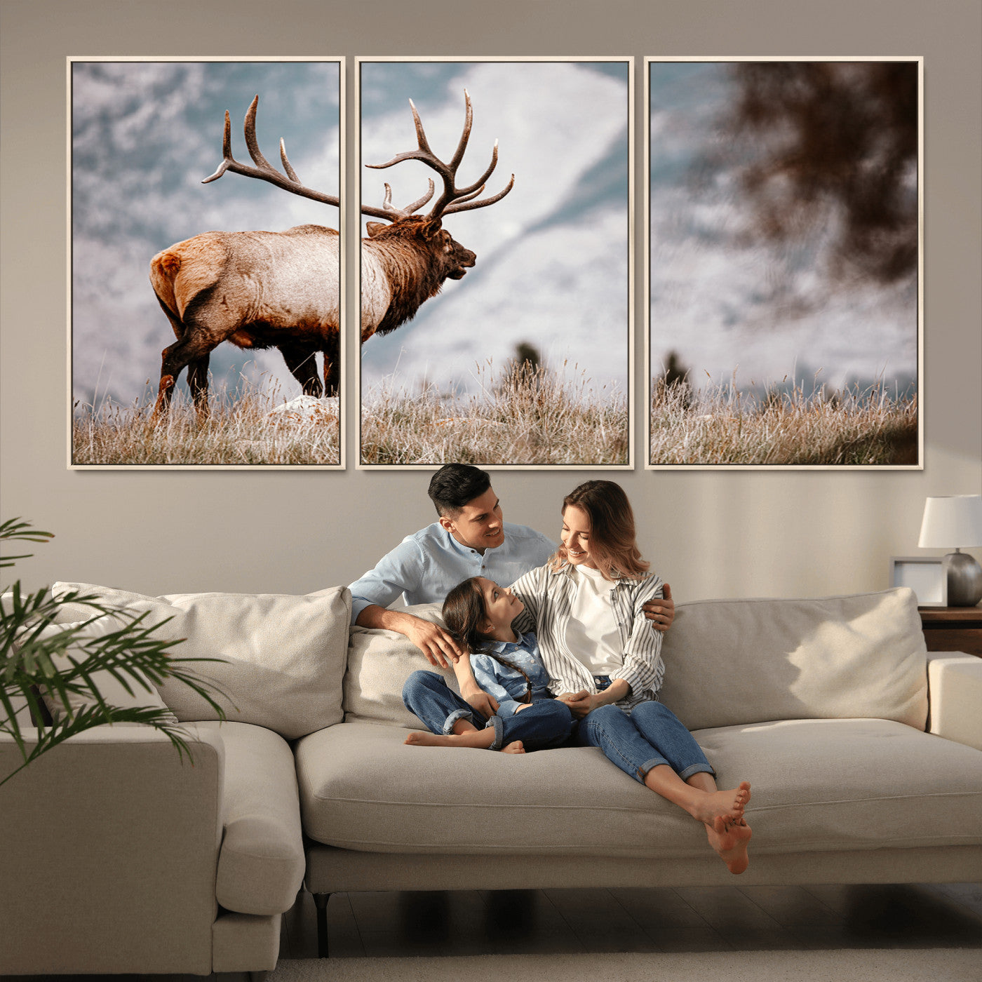 70489411-MGV-FC-60X30-3P_Natural-Elk Photography Wall Art Canvas Print, Framed Mountain Wildlife Art Picture Print, Rustic Nature Decor Perfect Rustic Lodge Decor
