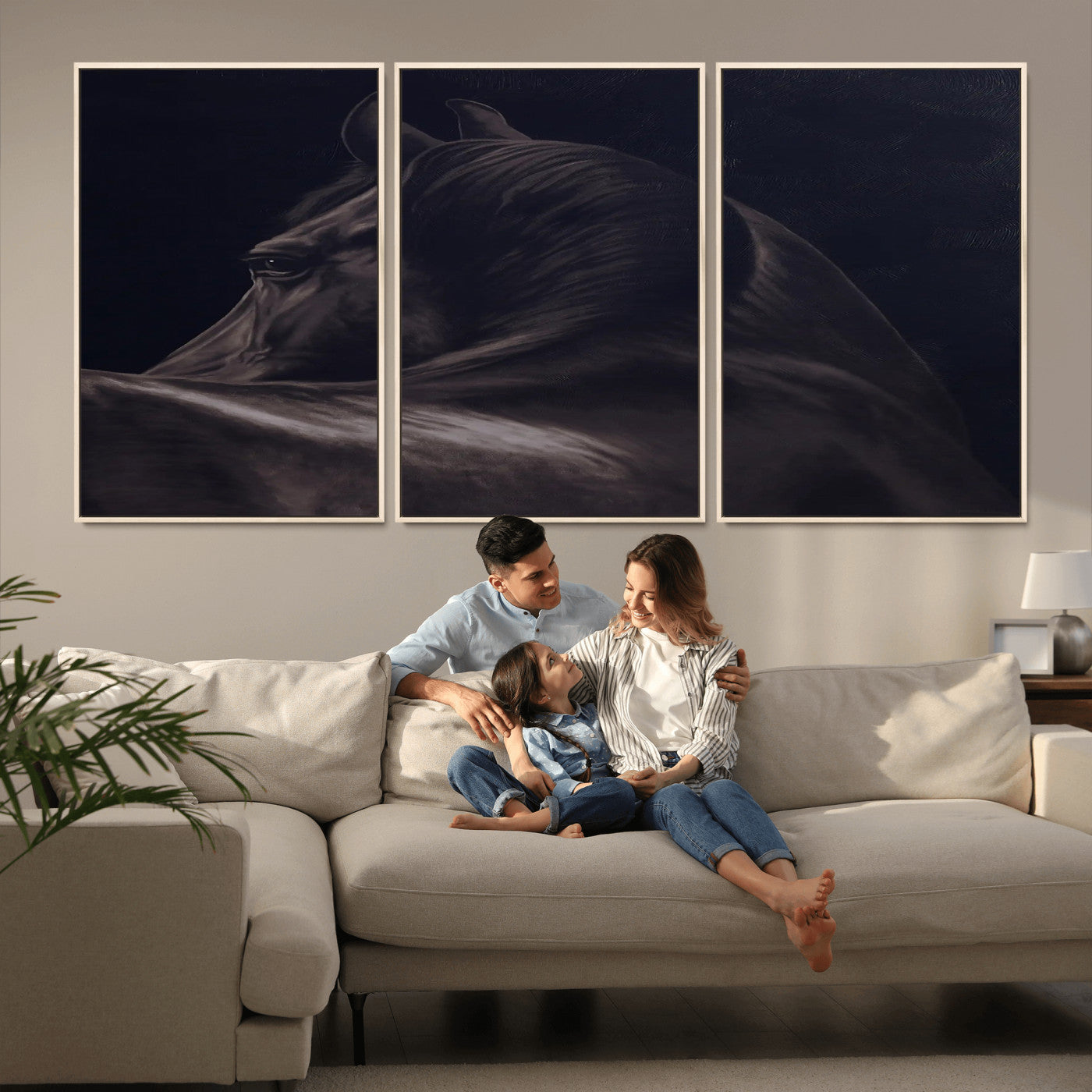 67026880-MGV-FC-60X30-3P_Natural-Black Horse Portrait Wall Art Canvas Print, Framed Moody Horse Decor Art Picture Print, Equestrian Wall Style Perfect Masculine