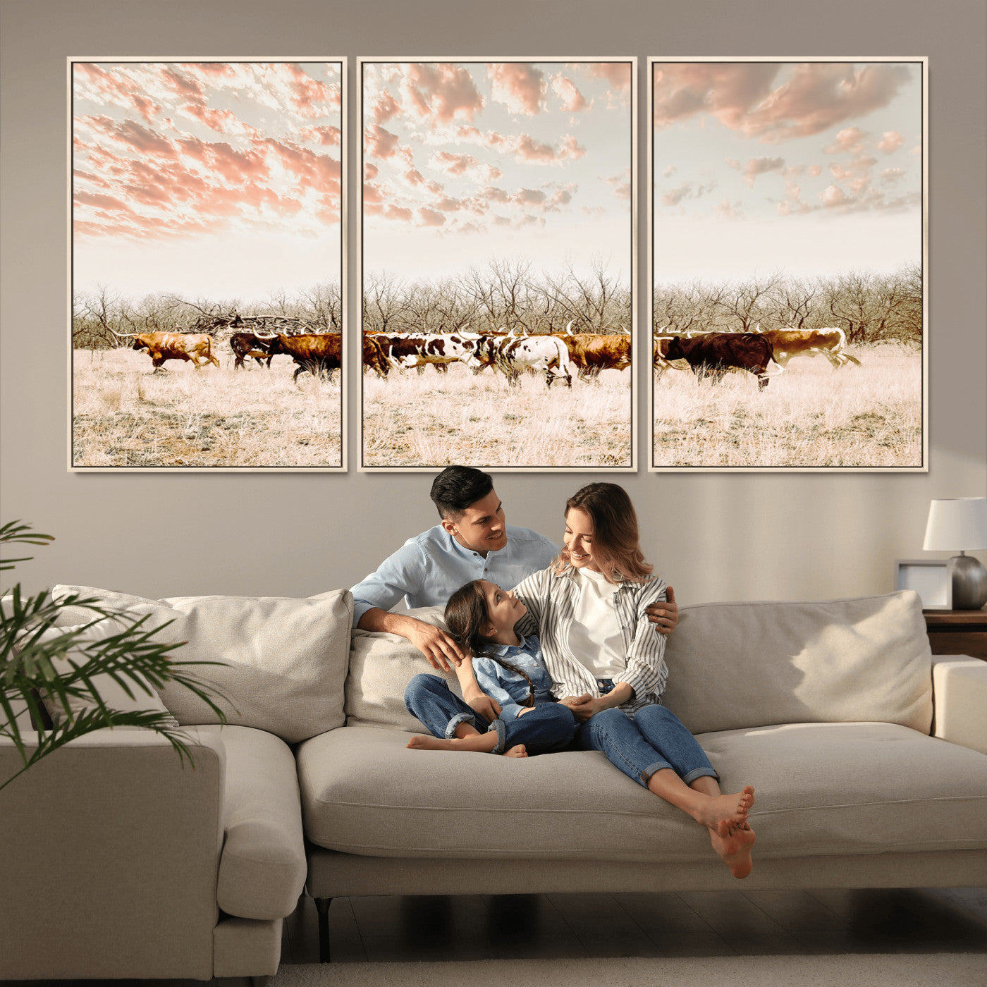 43704663-MGV-FC-60X30-3P_Natural-Country Cow Herd Wall Art Canvas Print, Framed Farmhouse Cattle Scene Art Picture Print, Rustic Ranch Decor Perfect Rustic