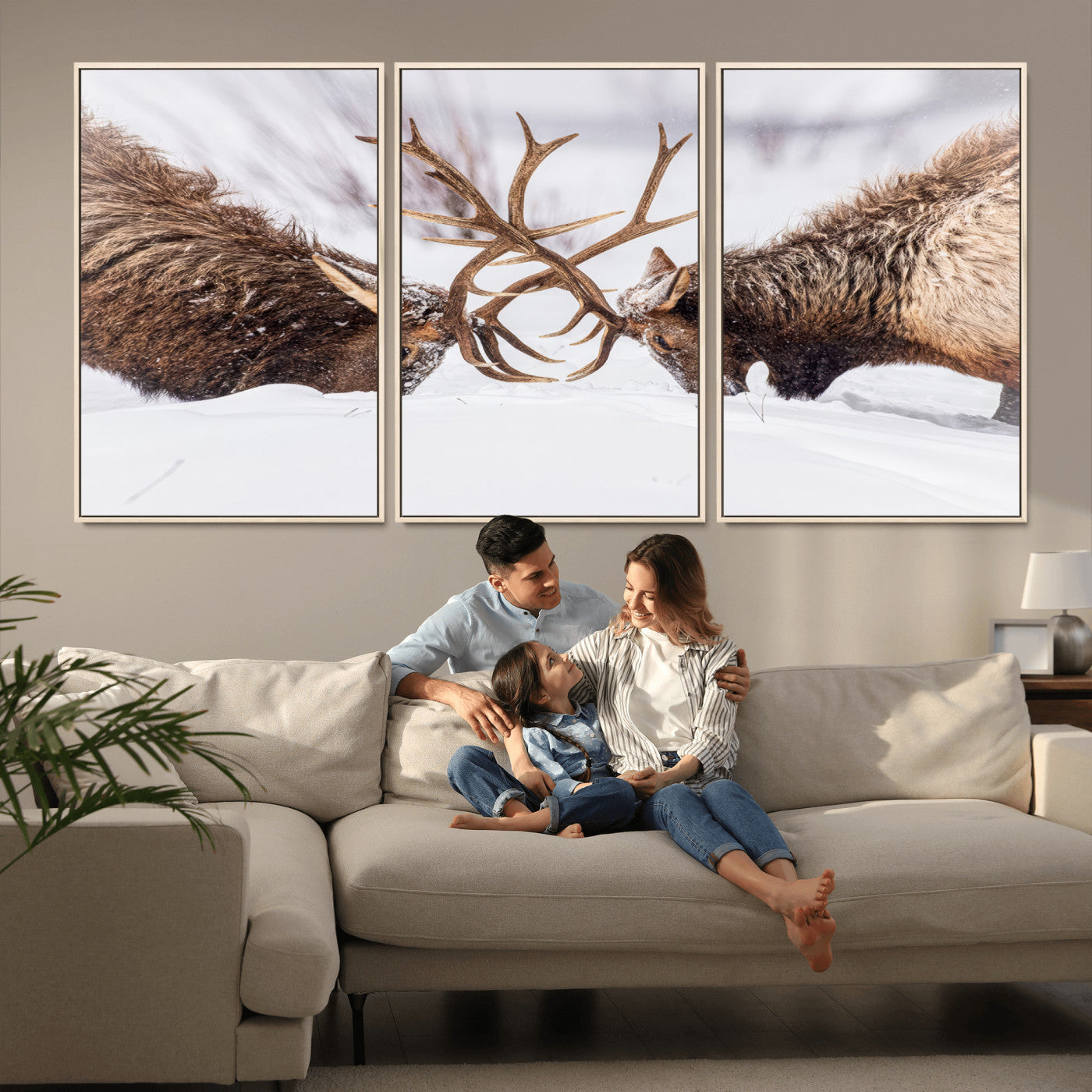 36507609-MGV-CV-36X24-Elk Clash Scene Wall Art Canvas Print, Framed Wildlife Strength Decor Art Picture Print, Snowy Forest Elk Perfect Rustic Lodge