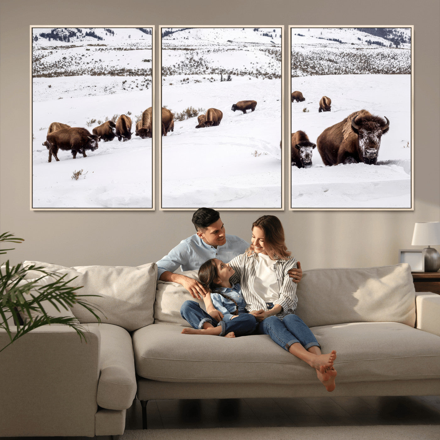 13891210-MGV-FC-60X30-3P_Natural-Bison Herd Scene Wall Art Canvas Print, Framed Western Wildlife Decor Art Picture Print, Snowy Mountain Valley Perfect Rustic