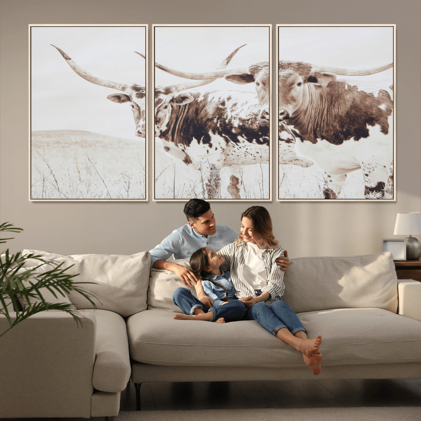 48161868-MGV-FC-60X30-3P_Natural-Longhorn Cow Decor Wall Art Canvas Print, Framed Rustic Cattle Art Picture Print, Sepia Western Vibe Perfect Neutral Rustic