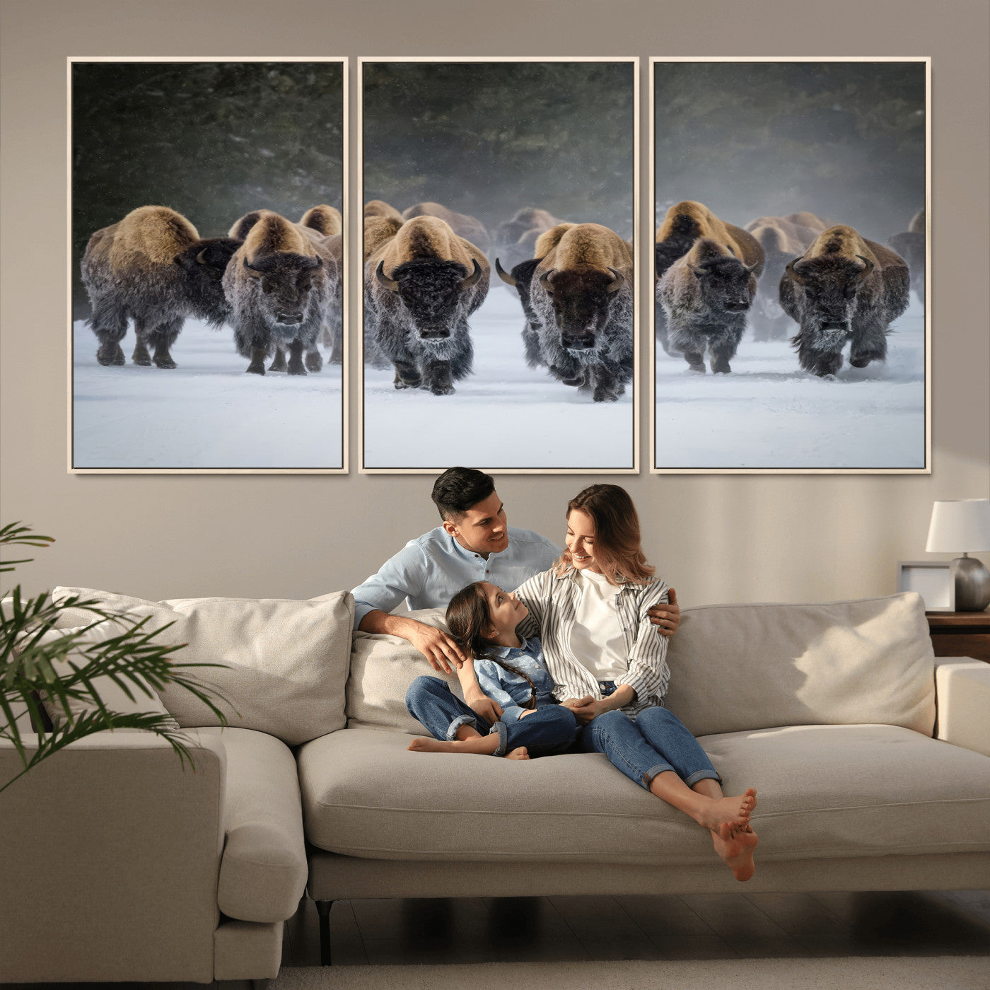 41669135-MGV-FC-60X30-3P_Natural-Bison Herd Scene Wall Art Canvas Print, Framed Rustic Wildlife Decor Art Picture Print, Snowy Bison Landscape Perfect Rustic