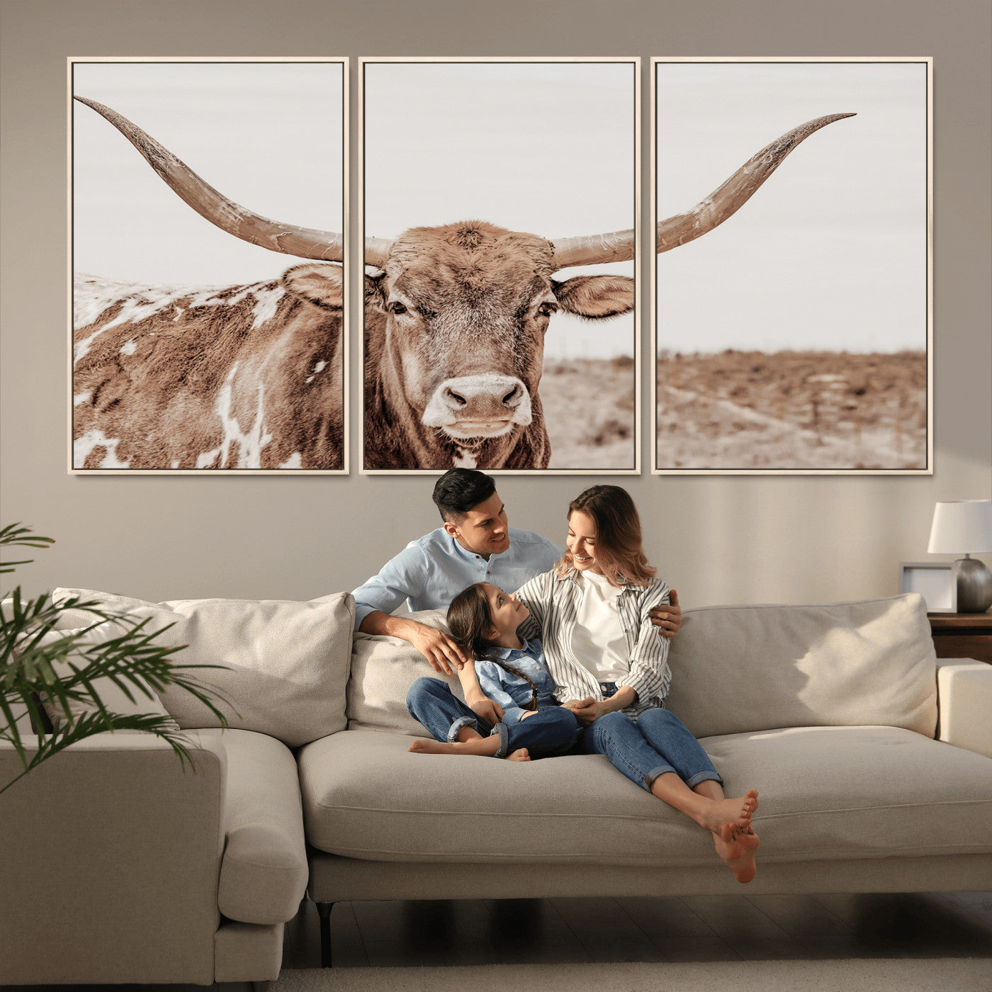 77810049-MGV-CV-36X24-Longhorn Bull Photo Wall Art Canvas Print, Framed Rustic Cow Decor Art Picture Print, Neutral Farmhouse Style Perfect Rustic