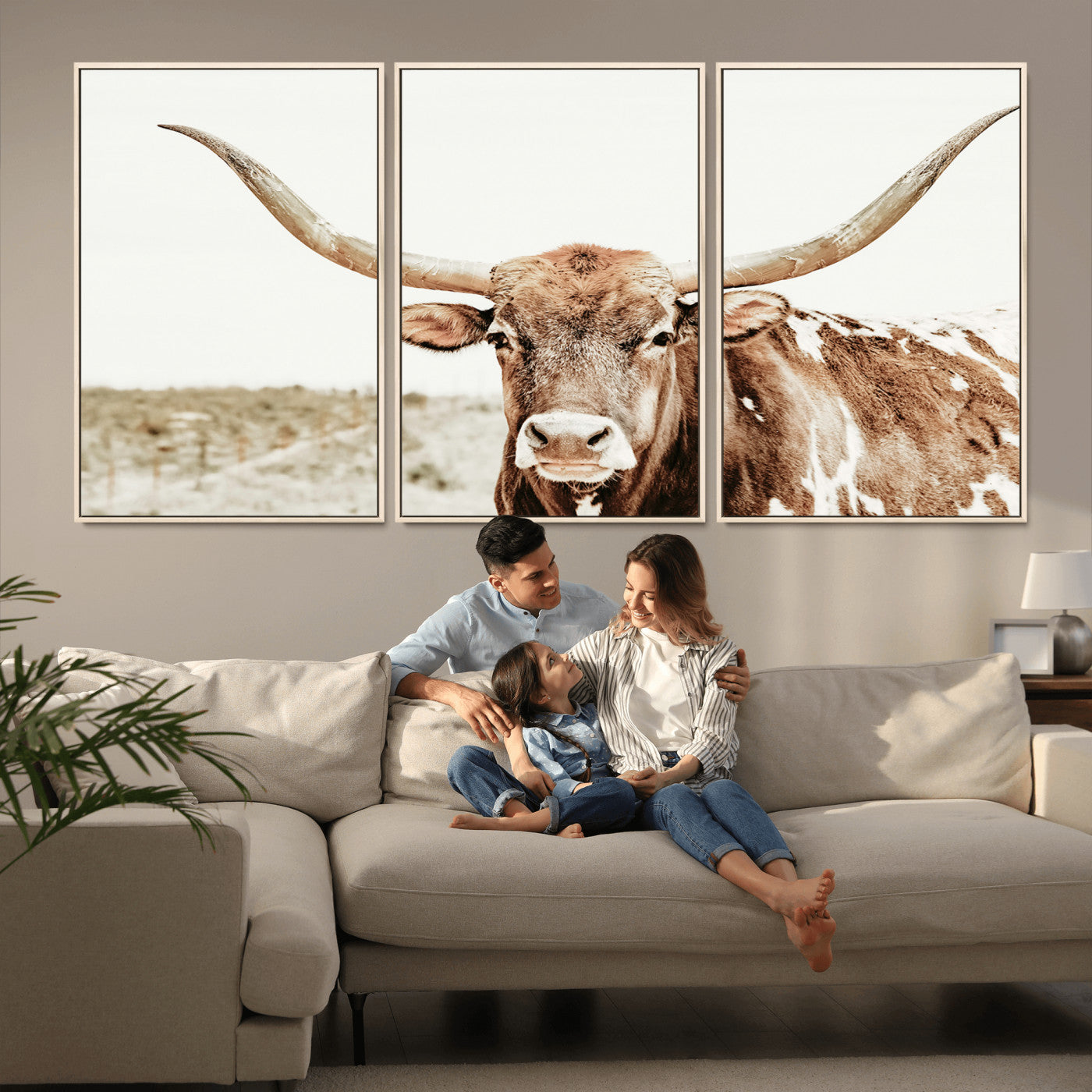 98924580-MGV-FC-60X30-3P_Natural-Texas Longhorn Bull Wall Art Canvas Print, Framed Rustic Farmhouse Decor Art Picture Print, Western Animal Theme Perfect Rustic