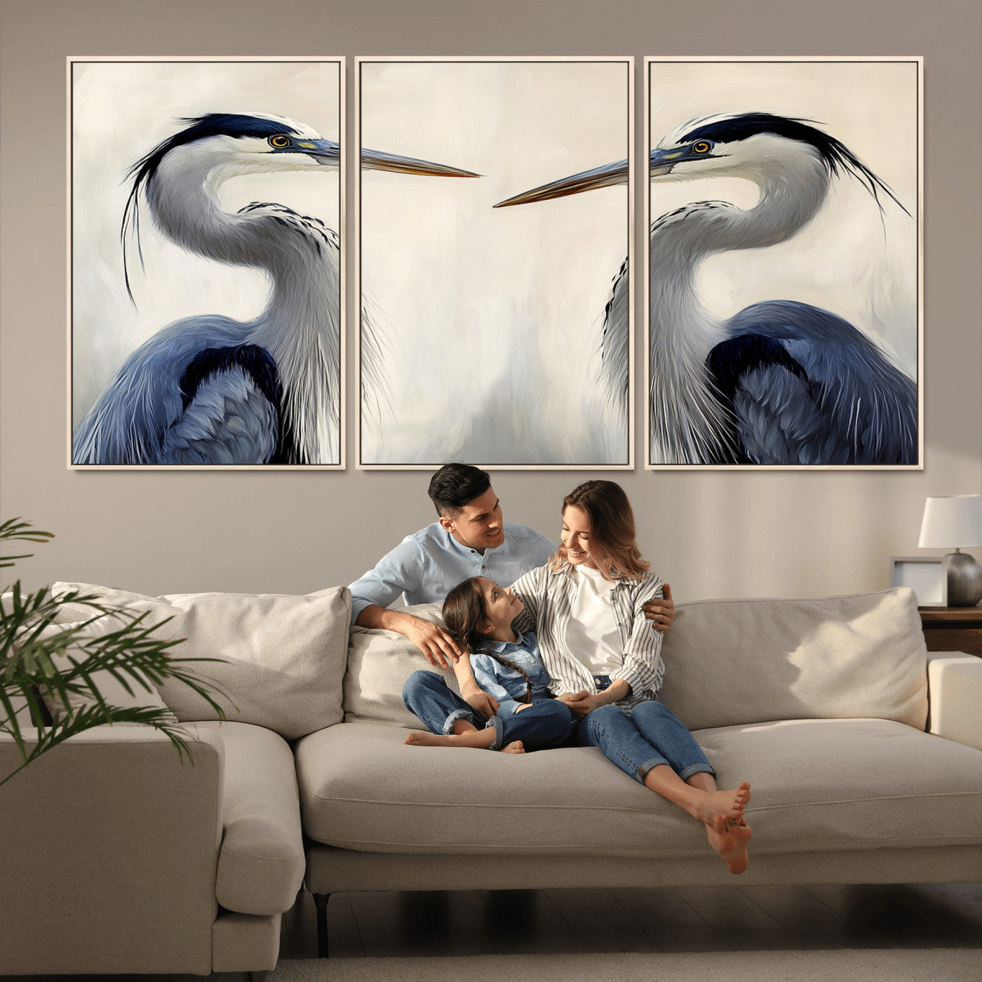 18230556-MGV-CV-36X24-Blue Heron Pair Wall Art Canvas Print, Framed Coastal Bird Theme Art Picture Print, Tranquil Wildlife Scene Perfect Coastal
