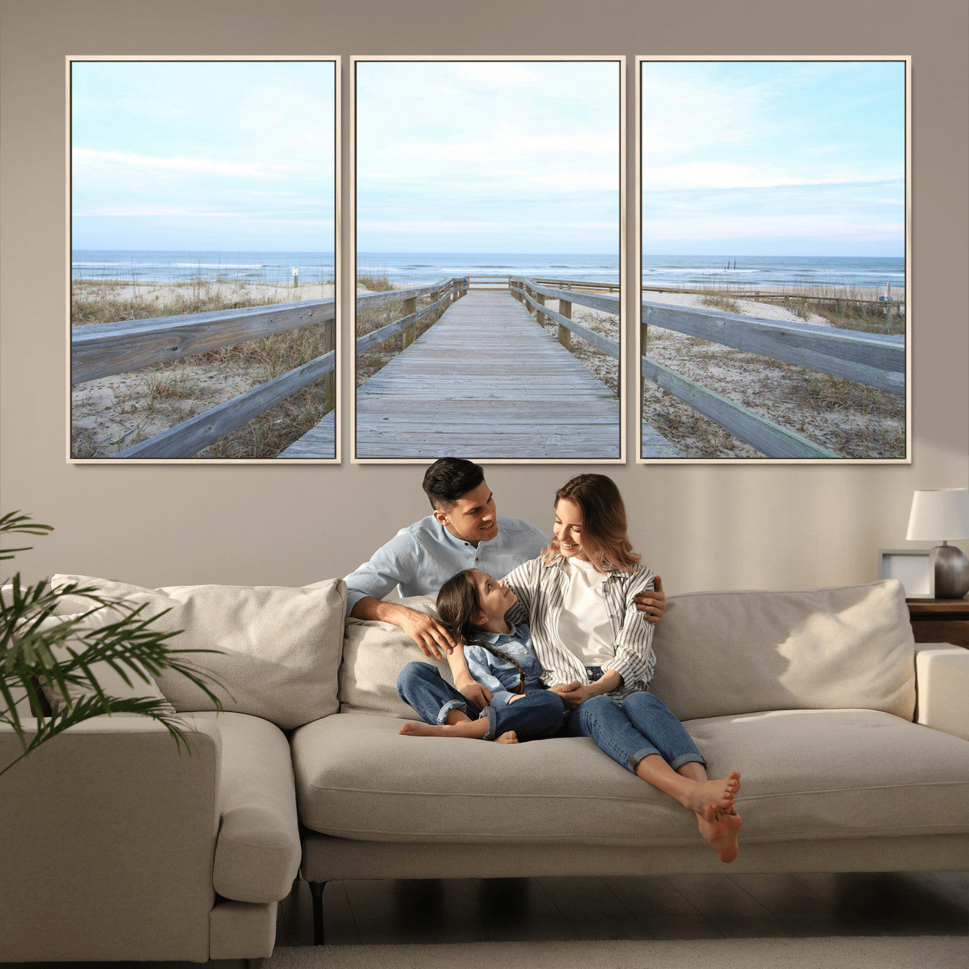 31602988-MGV-CV-36X24-Beach Boardwalk Wall Art Canvas Print, Framed Coastal Serenity Art Picture Print, Ocean View Perfect Coastal Minimalist Decor