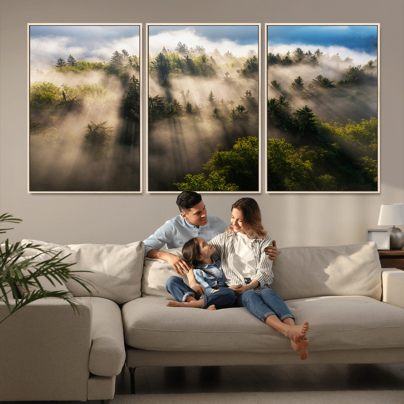 14785710-MGV-CV-36X24-Tranquil Forest Scene Wall Art Canvas Print, Framed Sunbeam Through Trees Art Picture Print, Moody Green Wall Art Perfect