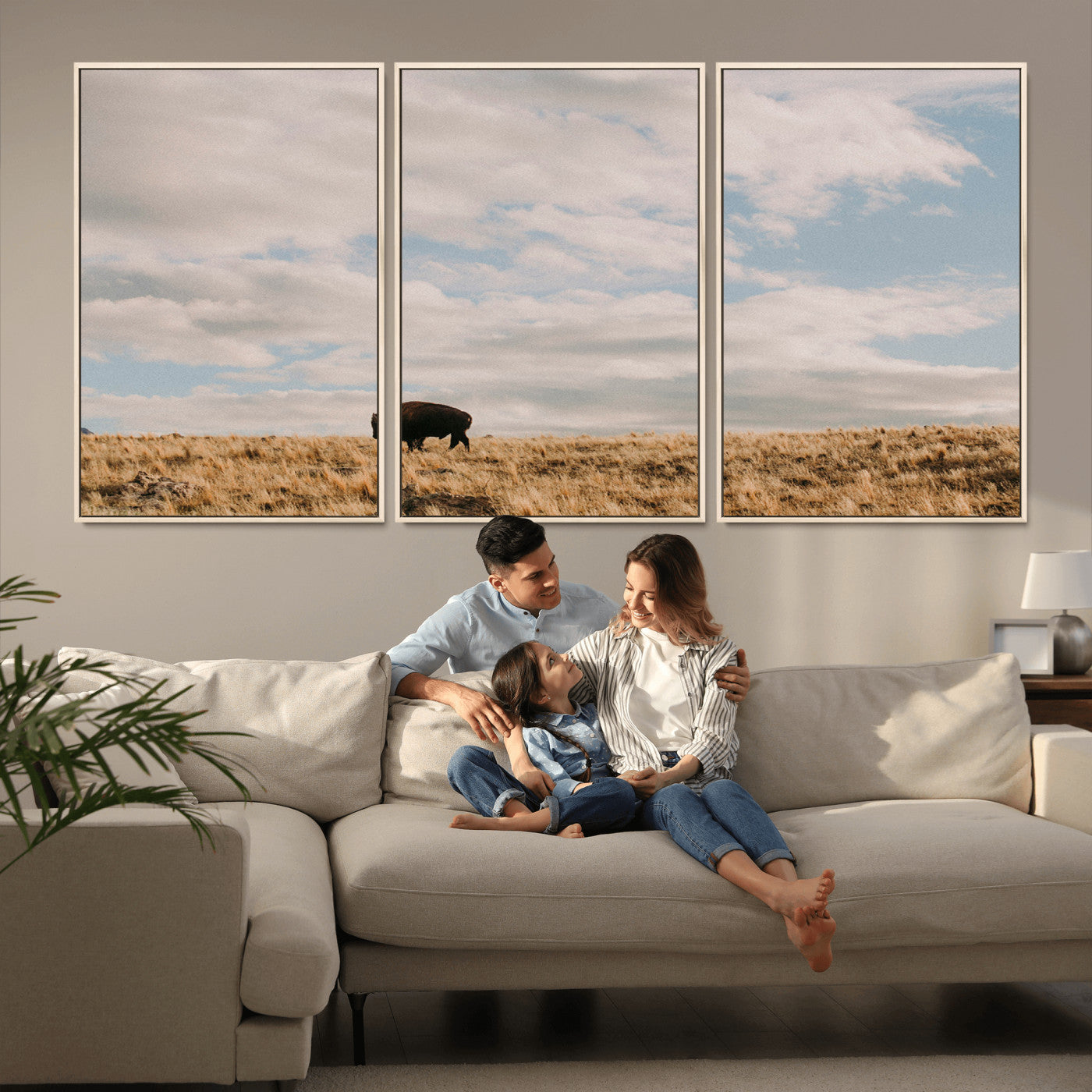 22754563-MGV-FC-60X30-3P_Natural-Earthy Tones Wall Art Canvas Print, Framed Rustic Nature Art Picture Print, Solitary Buffalo Perfect Western Minimalist Decor