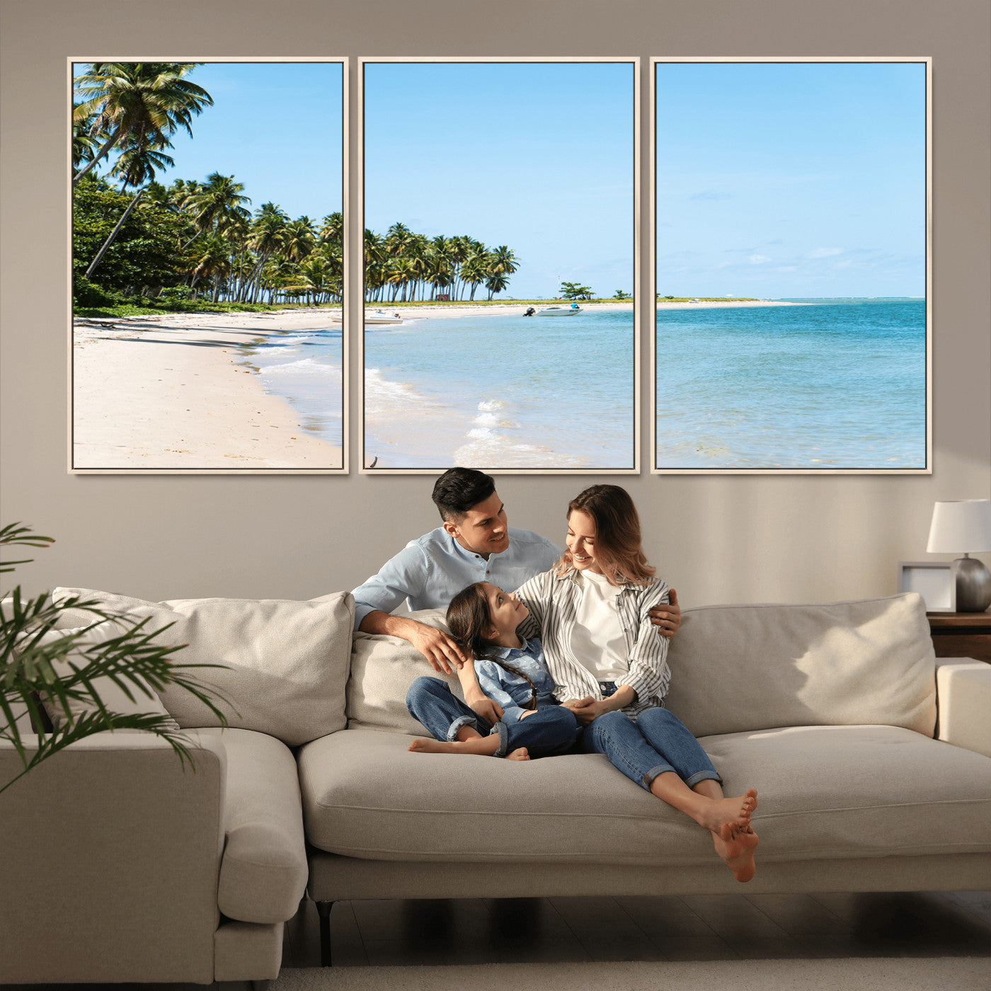 37858872-MGV-CV-36X24-Palm Tree Coast Wall Art Canvas Print, Framed Island Getaway Art Picture Print, Crystal Blue Water Perfect Tropical Coastal Decor