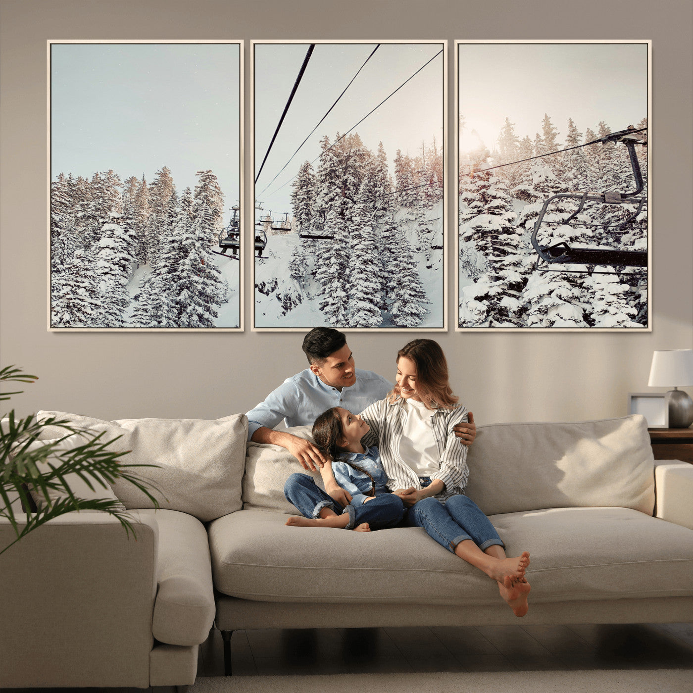 91534512-MGV-CV-36X24-Frosty Pines Wall Art Canvas Print, Framed Cozy Cabin View Art Picture Print, Ski Lift Ride Perfect Rustic Lodge Decor Artwork