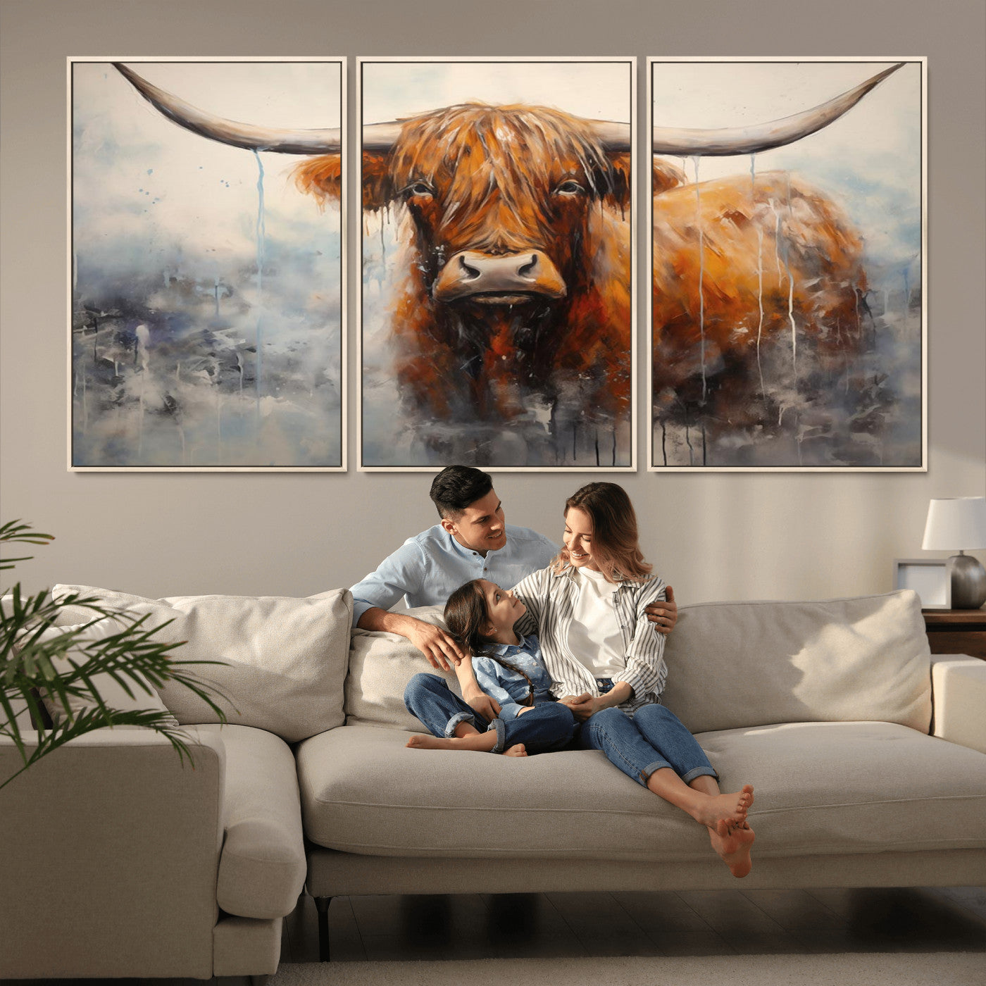 X61001-MGV-CV-36X24-Scottish Highland Wall Art Canvas Print, Framed Longhorn Art Picture Print, Western Cow Perfect Farmhouse Decor Artwork