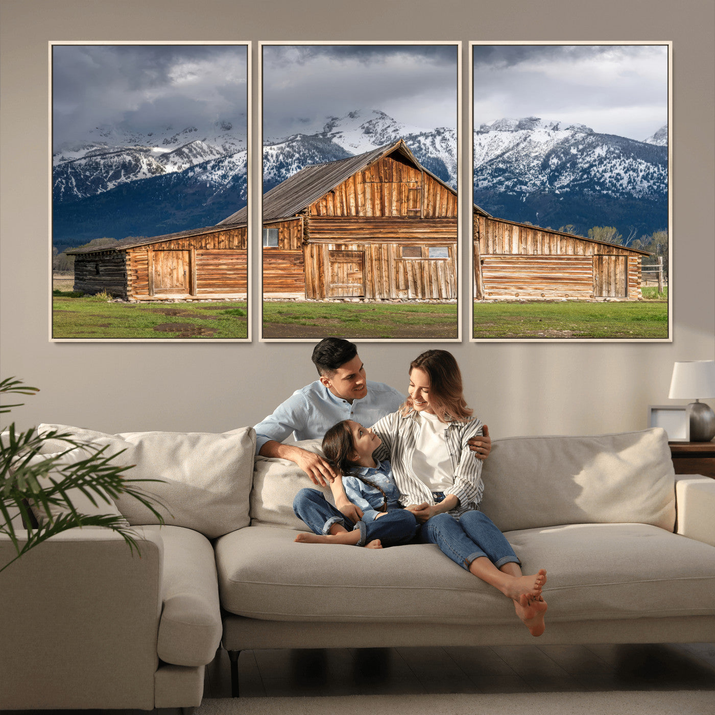 15173627-MGV-CV-36X24-Barn Wall Art – Rustic Wooden Cabin Canvas Print with Snowy Mountain Landscape, Western Farmhouse Country Decor for Living Room,