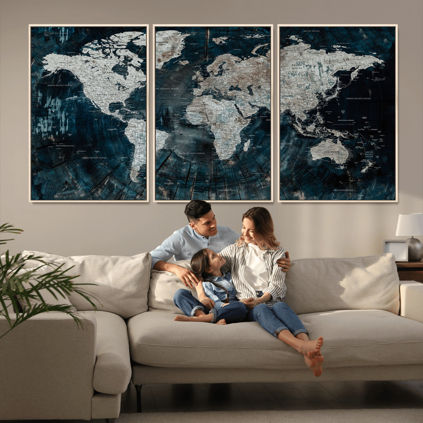 34425609-MGV-CV-36X24-World Map Wall Art – Rustic Navy and Grey Atlas Canvas Print, Distressed Explorer Map Artwork, Industrial Style Decor for Office,