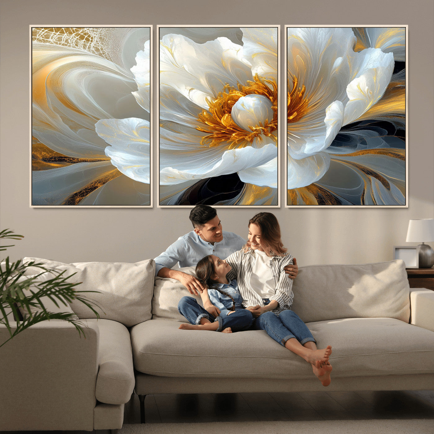 39604126-MGV-CV-36X24-Abstract Flower Wall Art – Elegant White and Gold Bloom Canvas Print, Modern Floral Artwork for Bedroom, Living Room, or Office