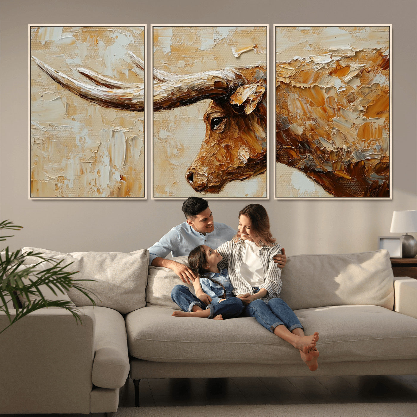 69611428-MGV-CV-36X24-Longhorn Bull Wall Art – Rustic Western Canvas Print, Textured Farmhouse Cattle Painting for Living Room, Office, or Ranch House