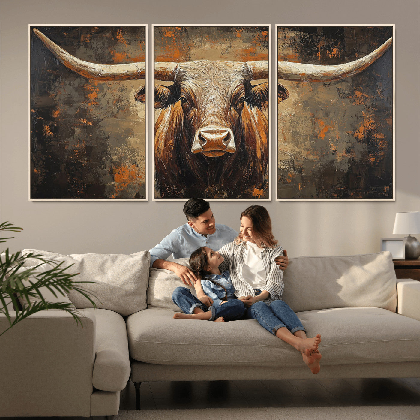 19204445-MGV-CV-36X24-Texas Longhorn Bull Wall Art – Rustic Western Canvas Print, Bold Cowboy Cattle Painting for Ranch House, Farmhouse, Office, or