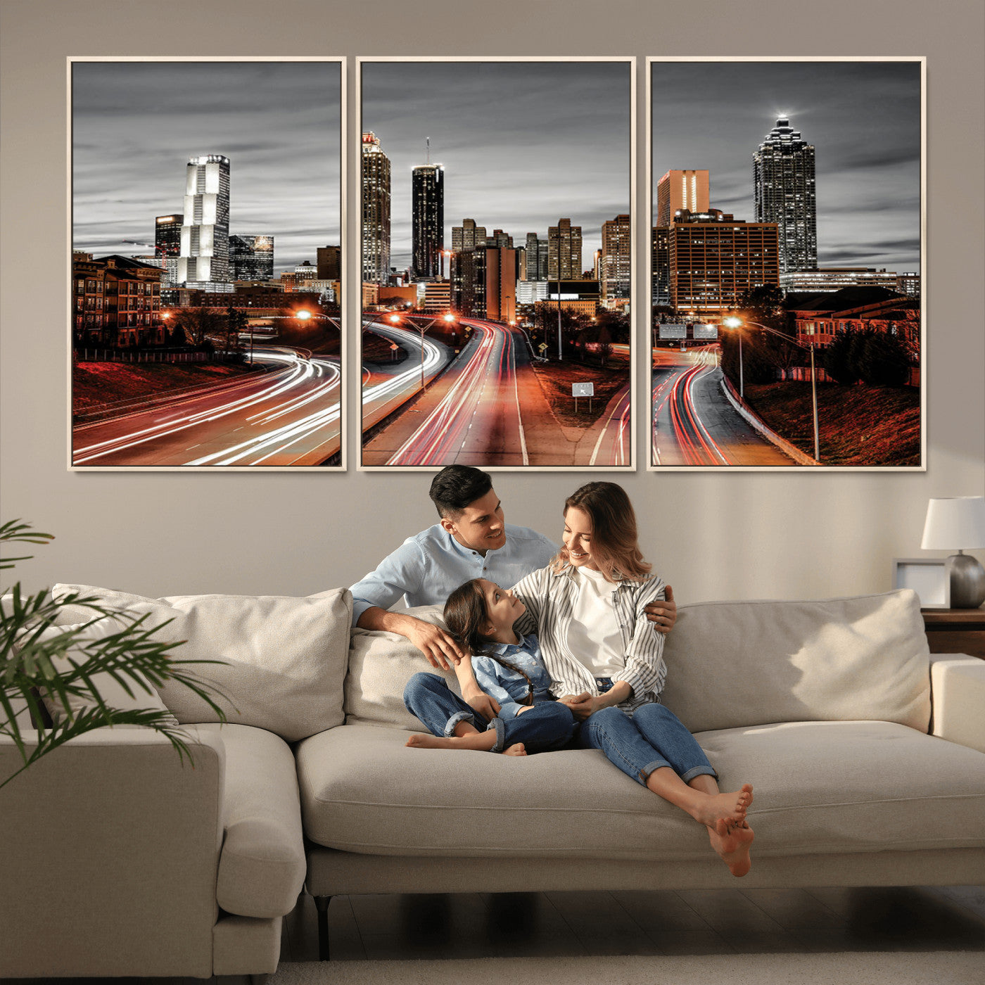 59097239-MGV-CV-36X24-City Skyline Wall Art – Modern Black and White Night Canvas Print with Red Light Trails, Urban Landscape Decor for Living Room or