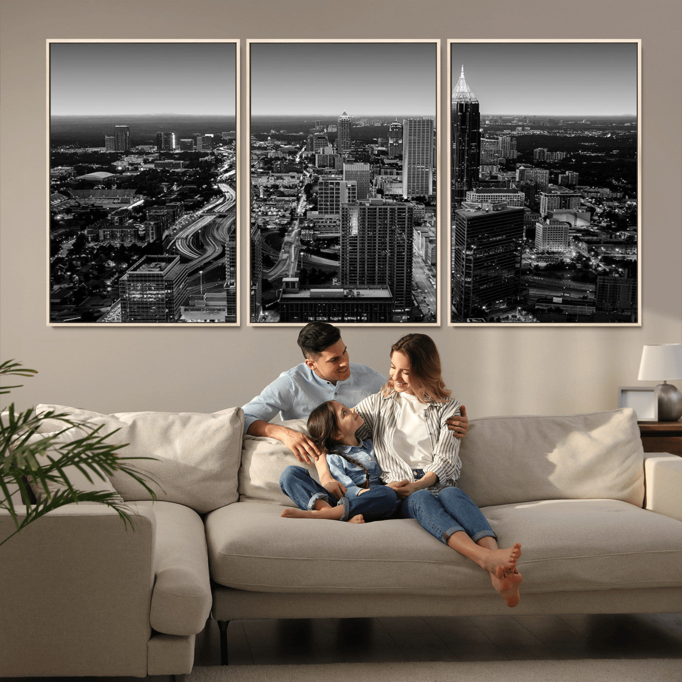 46578567-MGV-CV-36X24-Atlanta Skyline Wall Art – Black and White Cityscape Canvas Print, Modern Urban Night Decor for Office, Living Room, or Apartment
