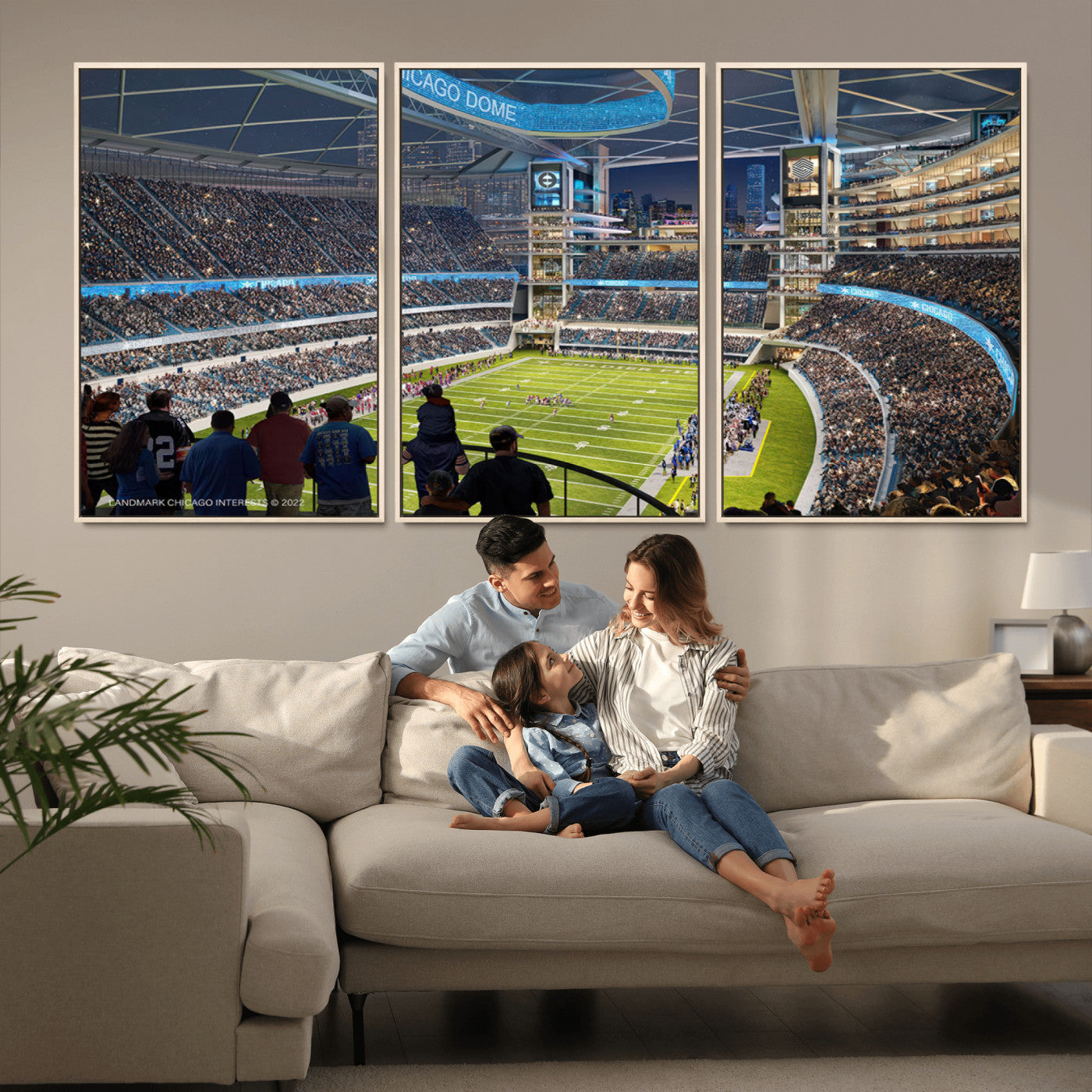 41816511-MGV-CV-36X24-Chicago Dome Stadium Wall Art – Futuristic Football Arena Canvas Print, Modern Sports Fan Decor for Man Cave, Office, Bar, or